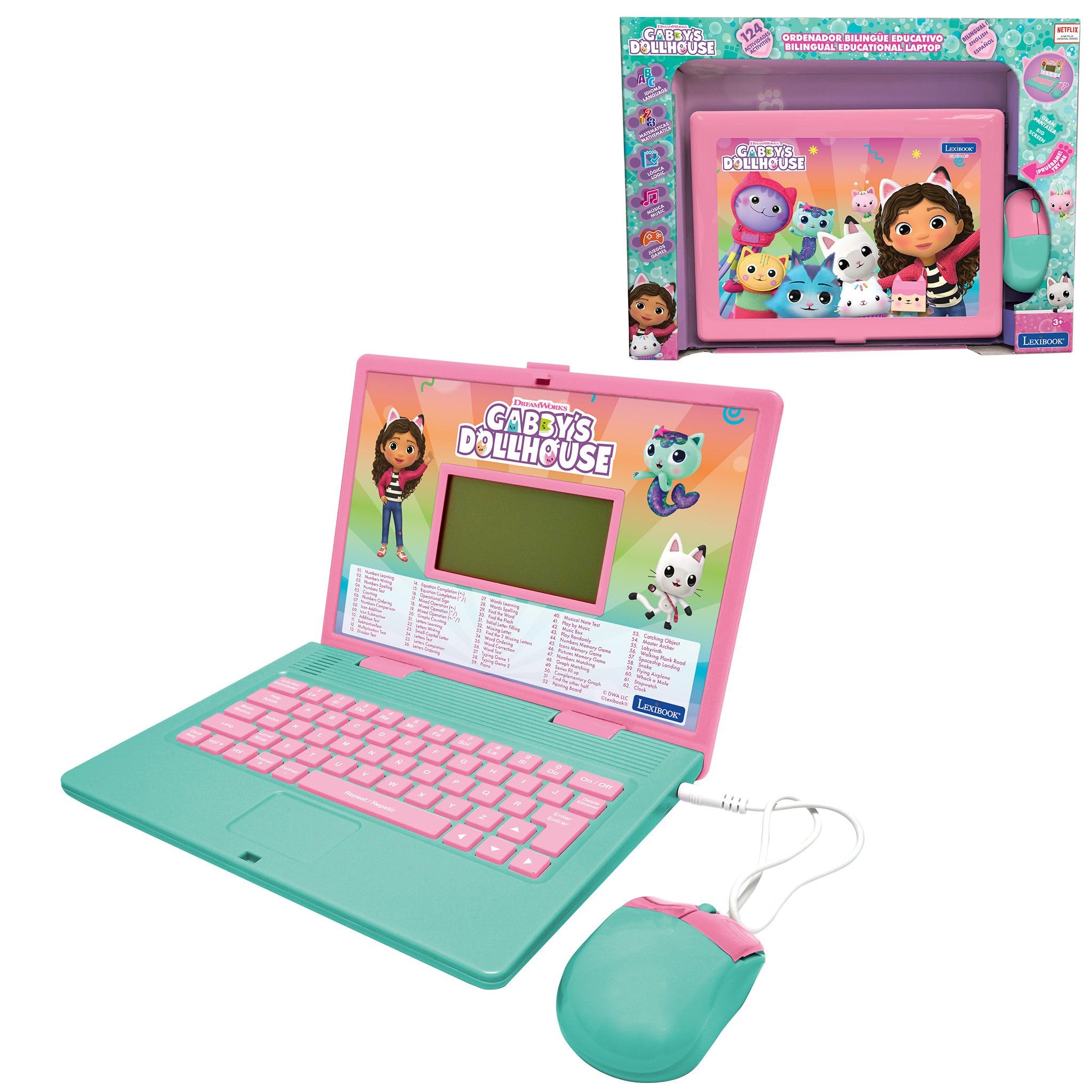 LEXIBOOK Gabby's Dollhouse Bilingual English/Spanish Educational Laptop - 124 Fun Learning Activities for Kids
