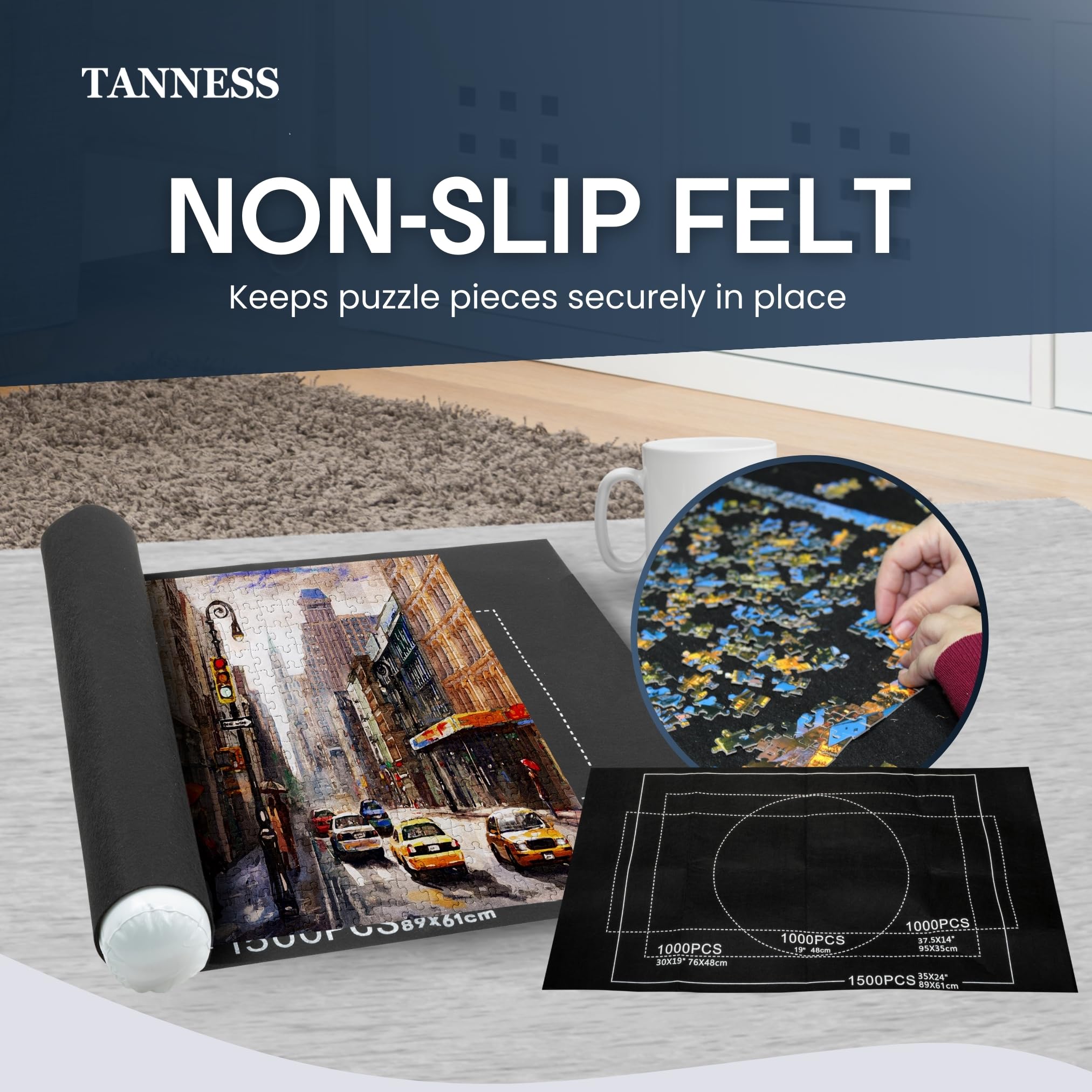 TANNESS Giant Jigsaw Roll Mat for 1500 Pieces Puzzle Storage | Felt, Black, 118cm x 118cm