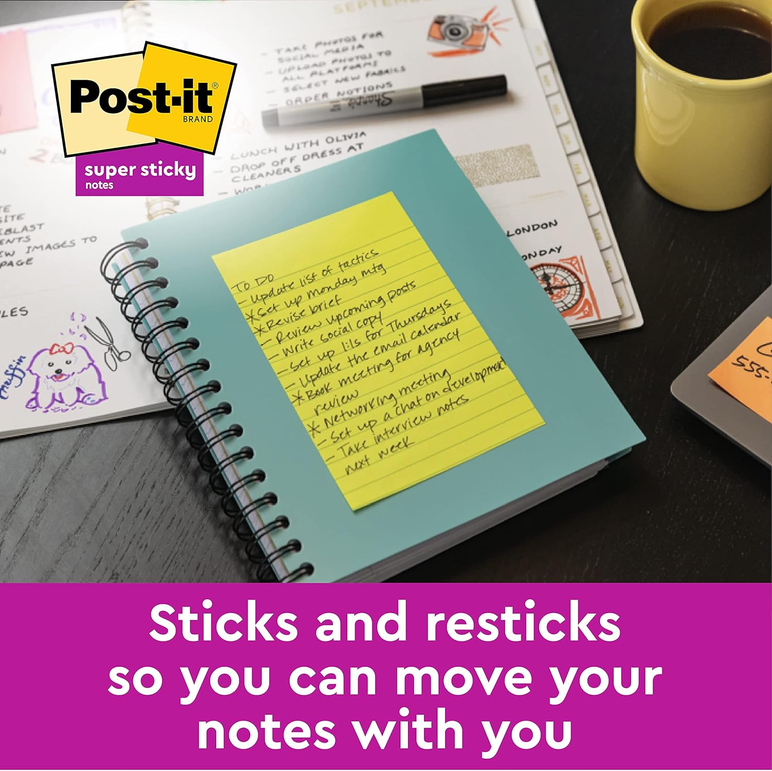 Post-it, Coloured Sticky Notes Neon Colours: Green, Yellow, Pink and Orange, Large Memo Pad for Meeting Note Taking and Brainstorming, 4 pads of 45 Sheets, Extra Large Post it Notes 200 x 149 mm 3