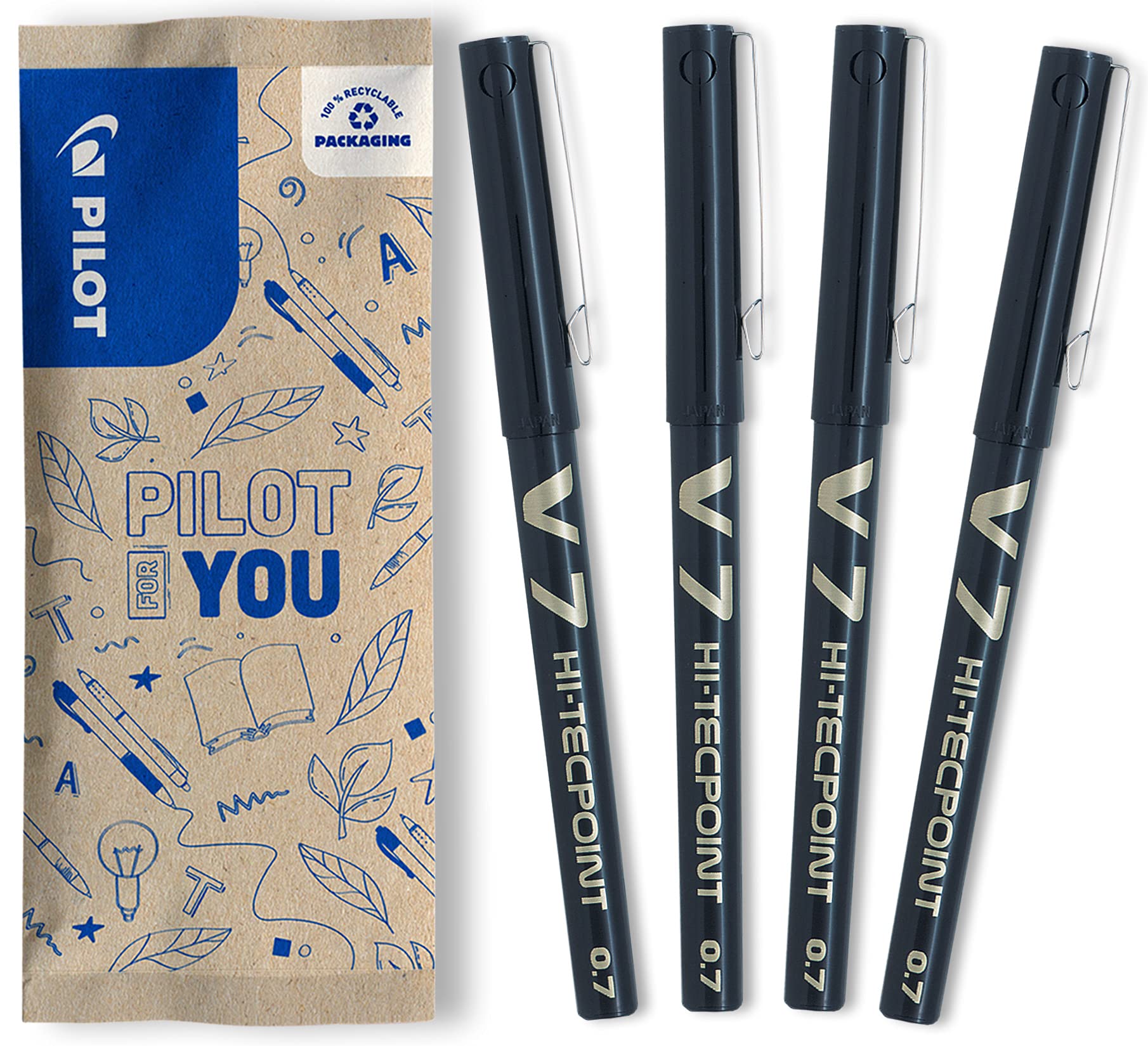 PILOT V7 Liquid Ink Rollerball Pen - 0.7mm Tip, Black Ink | Pack of 4