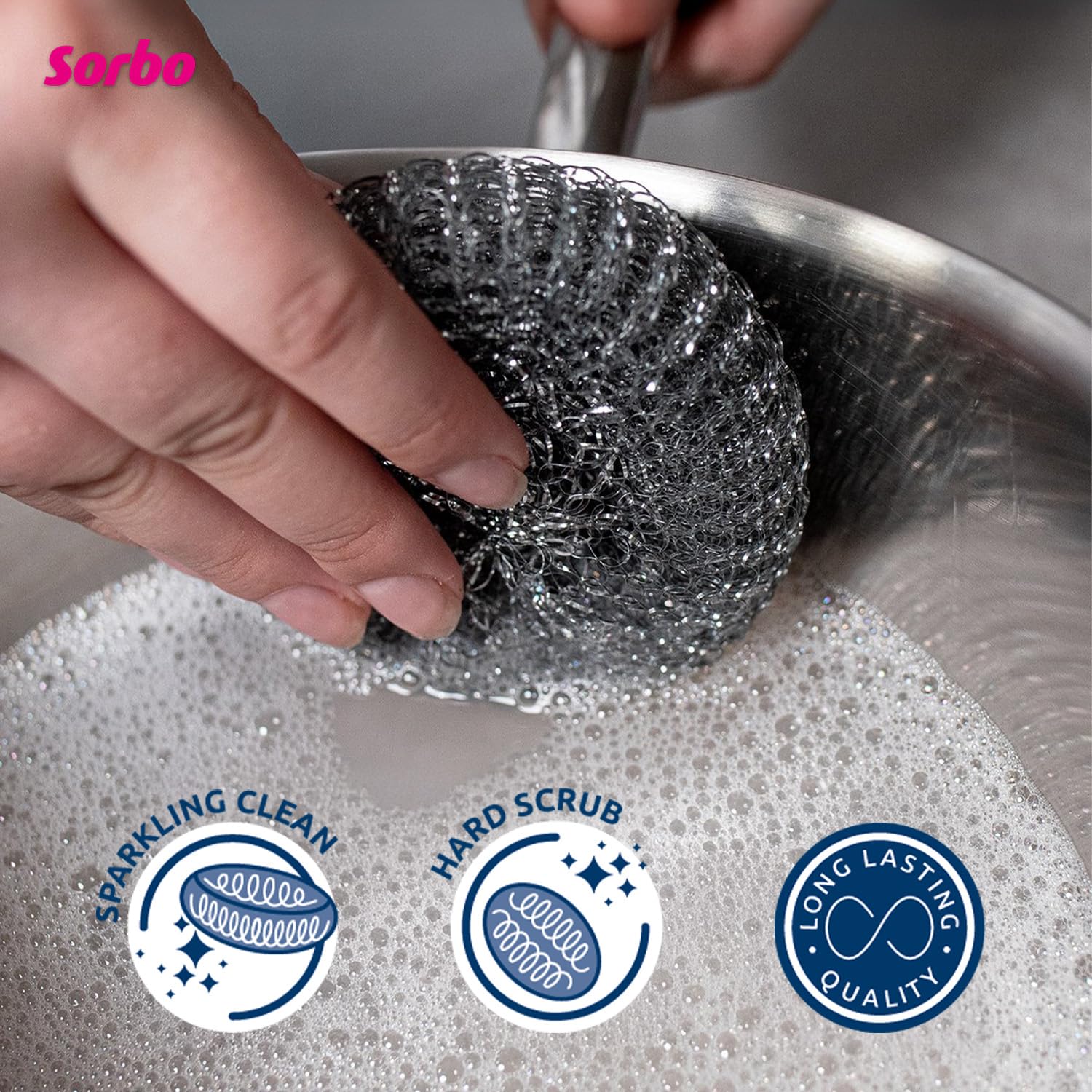Sorbo Metal Pan Scourers - Heavy-Duty Steel Wool Pads for Tough Grease | 4 Pack 5