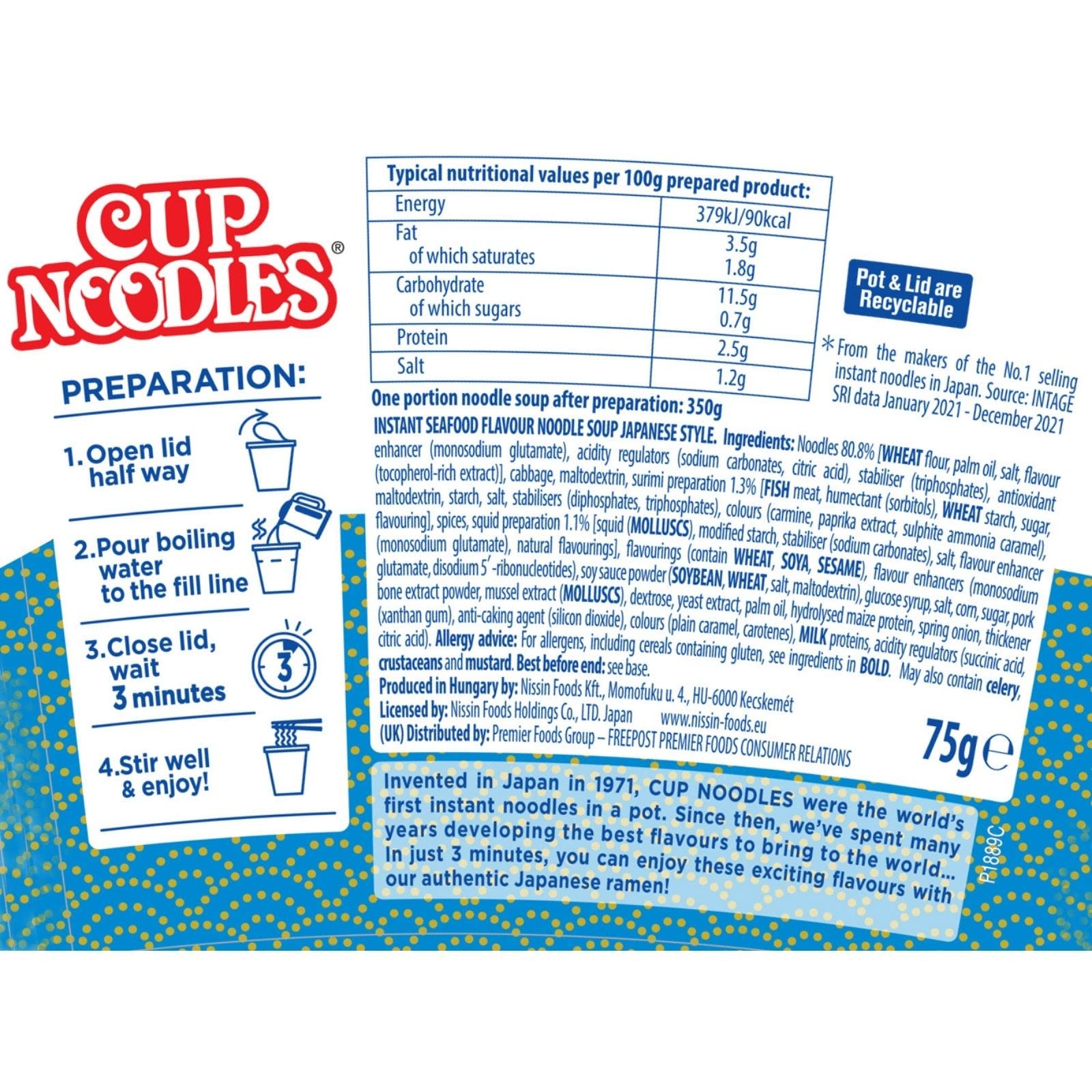 NISSIN Cup Noodles Kaisen Seafood Flavoured Instant Noodles, 75 g Pot (Pack of 8)
