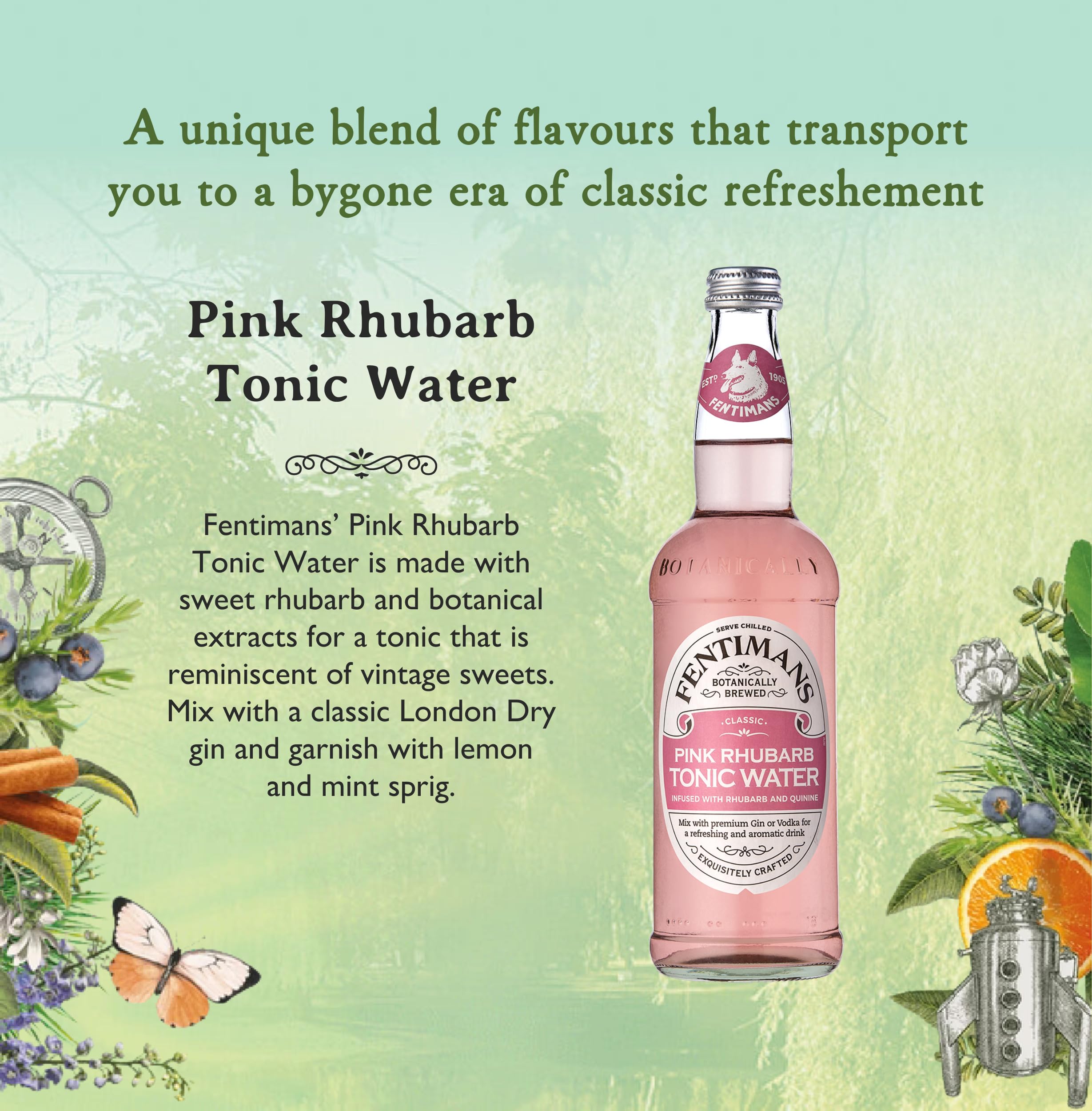 Fentimans Pink Rhubarb Tonic Water - Botanically Brewed Beverage with Natural Ingredients