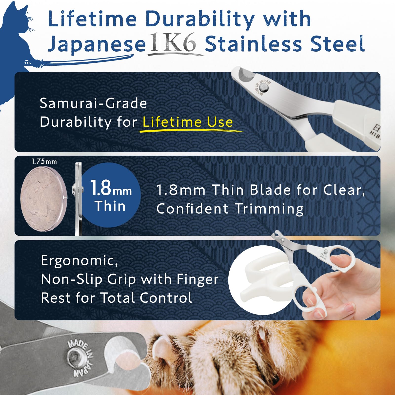 HIBINO Samurai-Grade Cat Nail Clippers - Vet Recommended, Japanese Steel, Ergonomic Grip 3