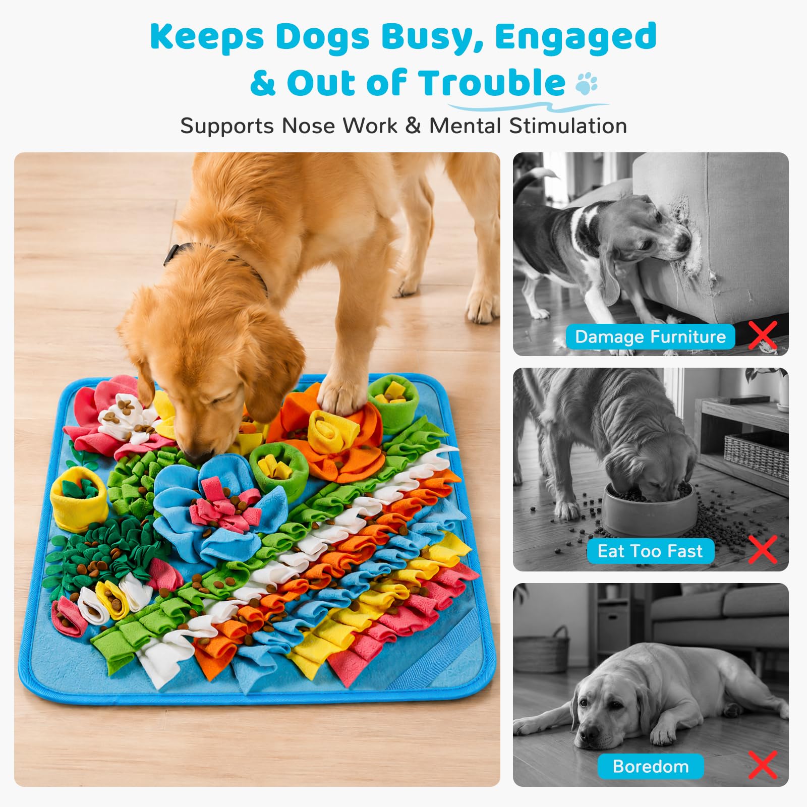 Gimars Snuffle Mat for Dogs - Interactive Puzzle Toy, Slow Feeder, Stress Relief | 39x39cm Blue 4
