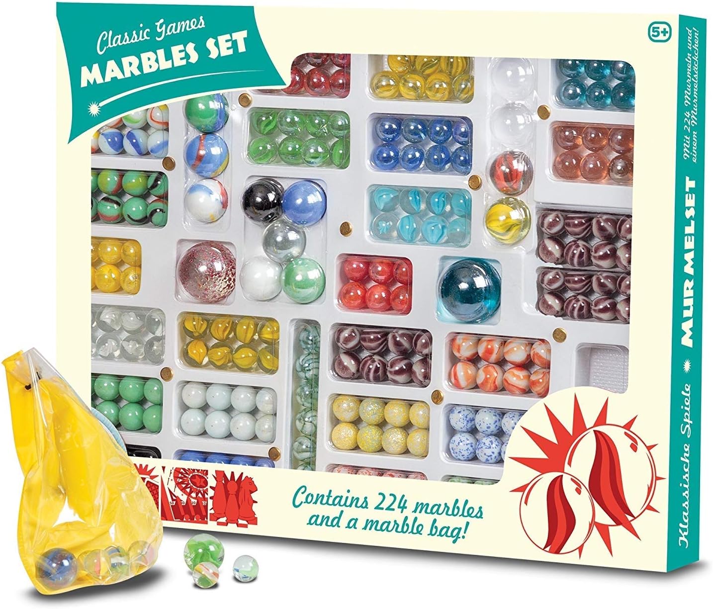 Tobar Marbles - Box of 224 Mixed Designs in Multi-Colored Glass