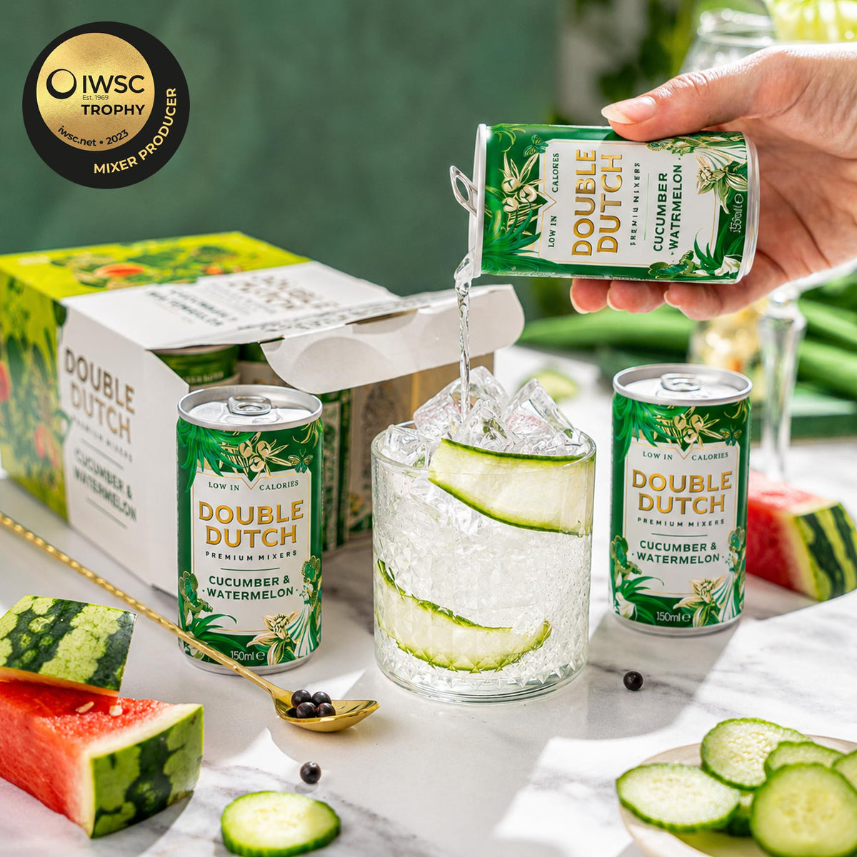 Double Dutch Cucumber & Watermelon Soda - Low-Calorie Soft Drink - 6 x 150ml Cans