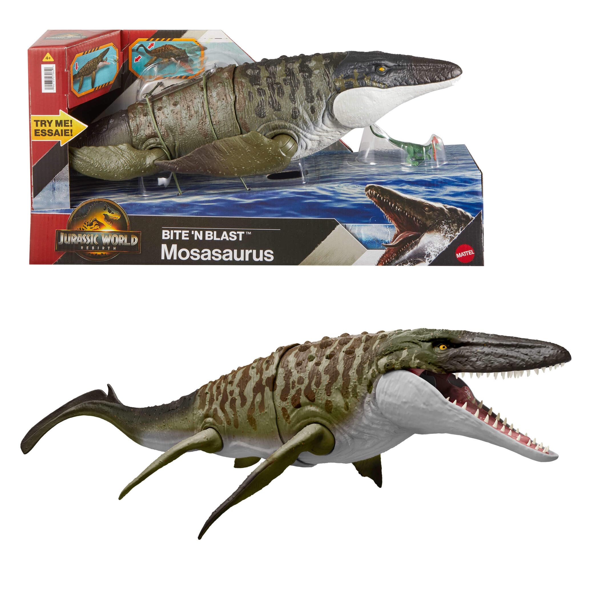 Mattel Jurassic World Rebirth Bite N Blast Mosasaurus Action Figure with Mini Dilophosaurus | 25.7-inch