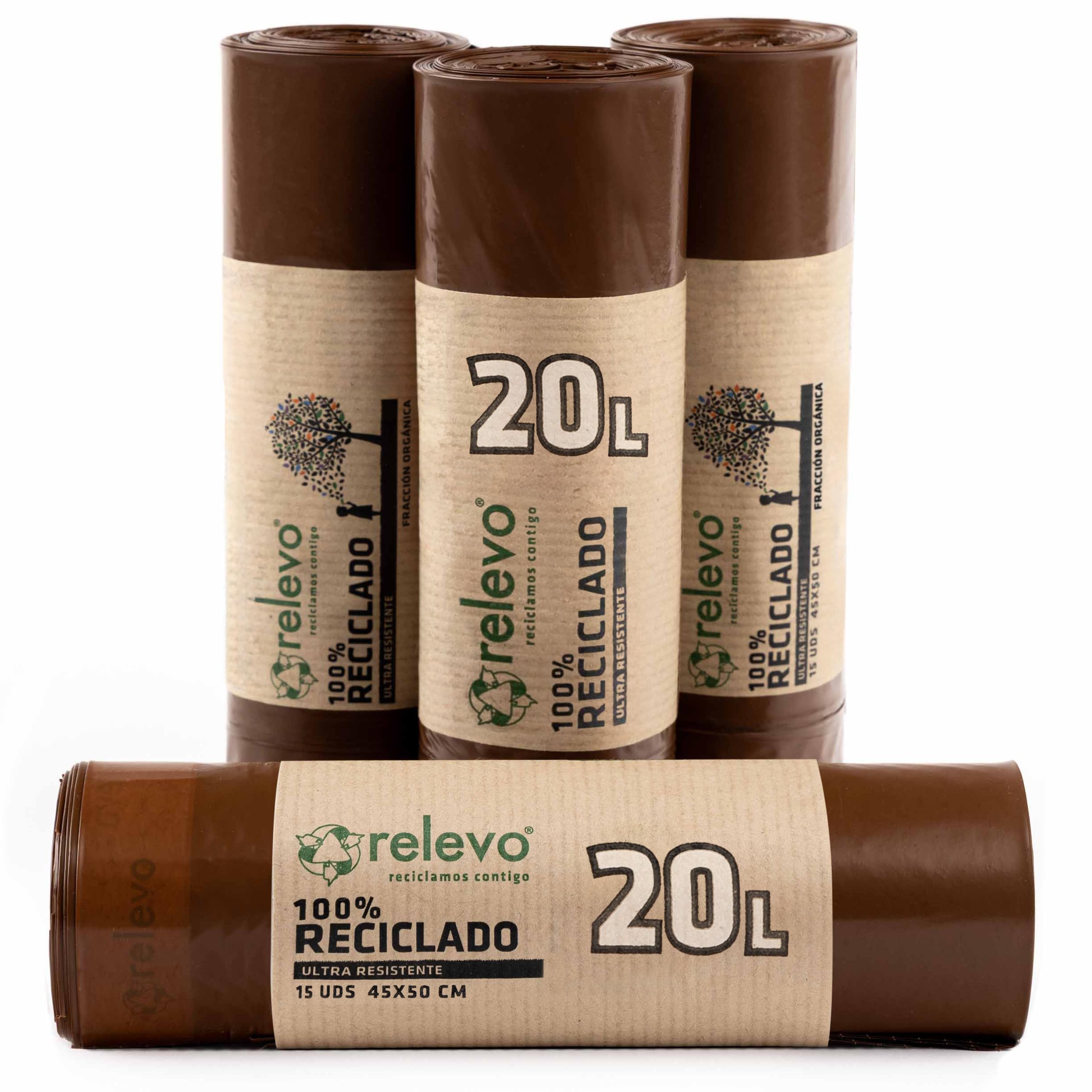 Relevo 20L Bin Bags – 100% Recycled Brown Food Waste Liners, 60 Pack, 30 µm Thick with Drawstring 1