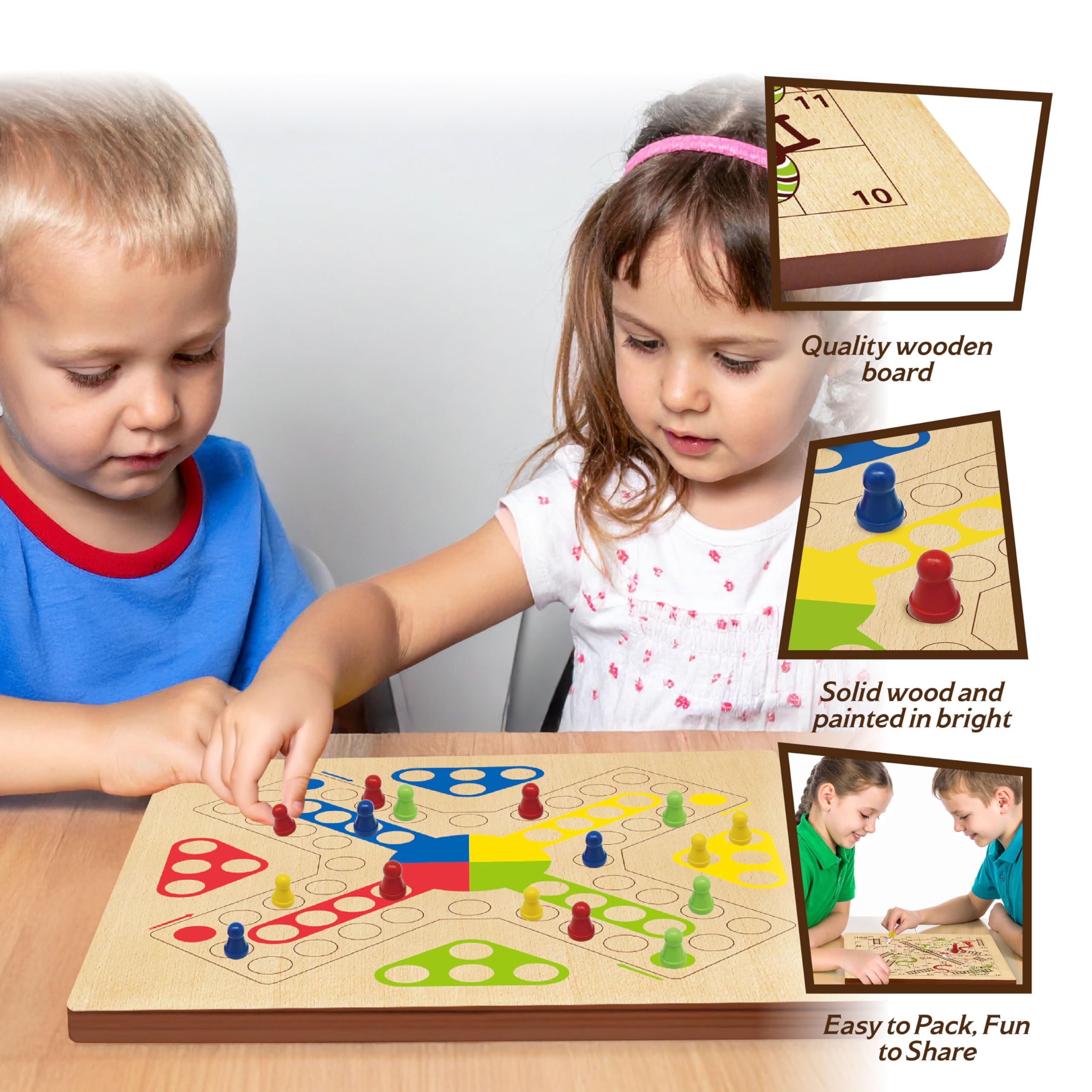 ROO GAMES Wooden Snakes and Ladders + Ludo Board Game - 2-in-1 Classic Family Game | 2-4 Players | Ages 3+ 3