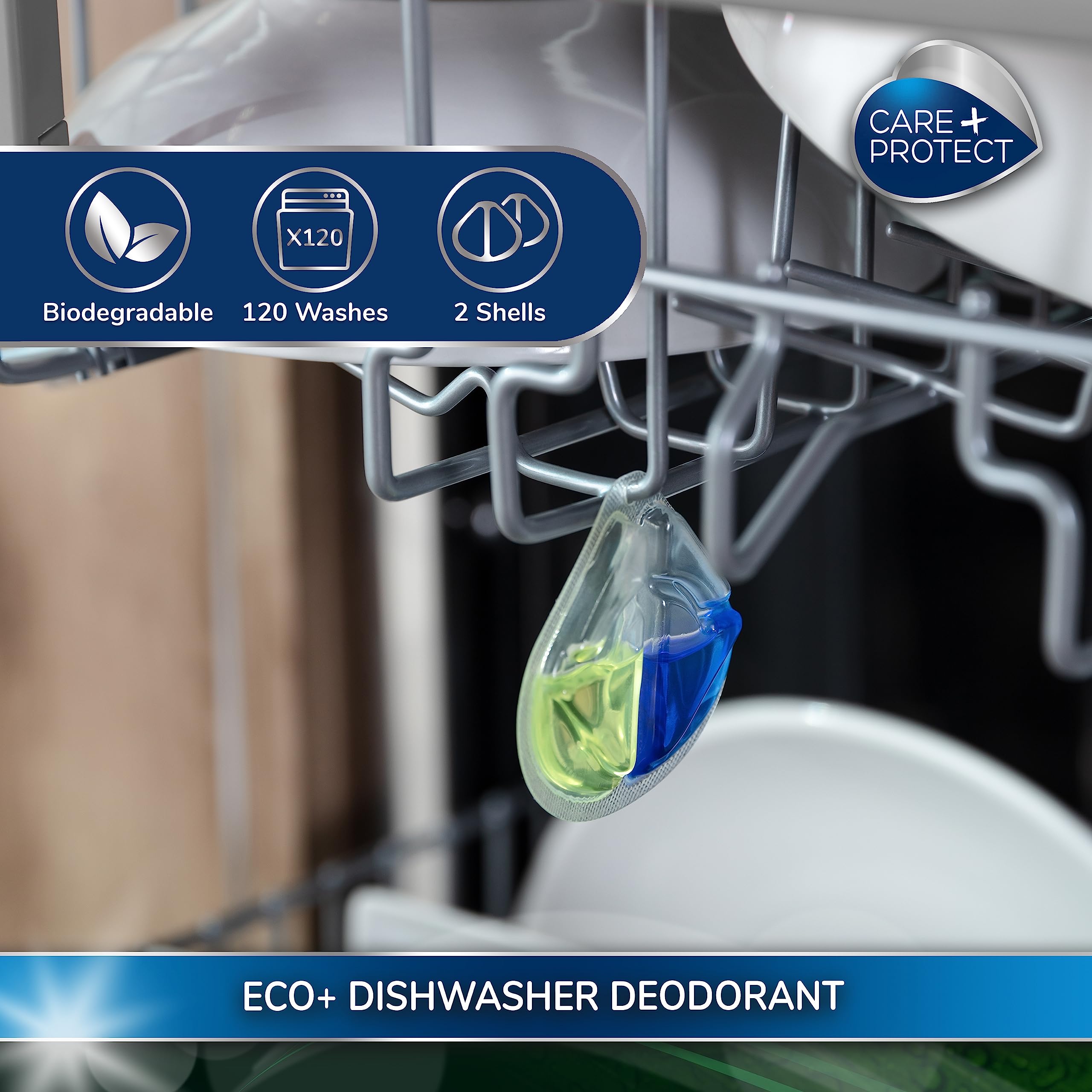 CARE + PROTECT ECO+ Dishwasher Deodorant - Lemon Scent | 3 Shells | Up to 120 Washes