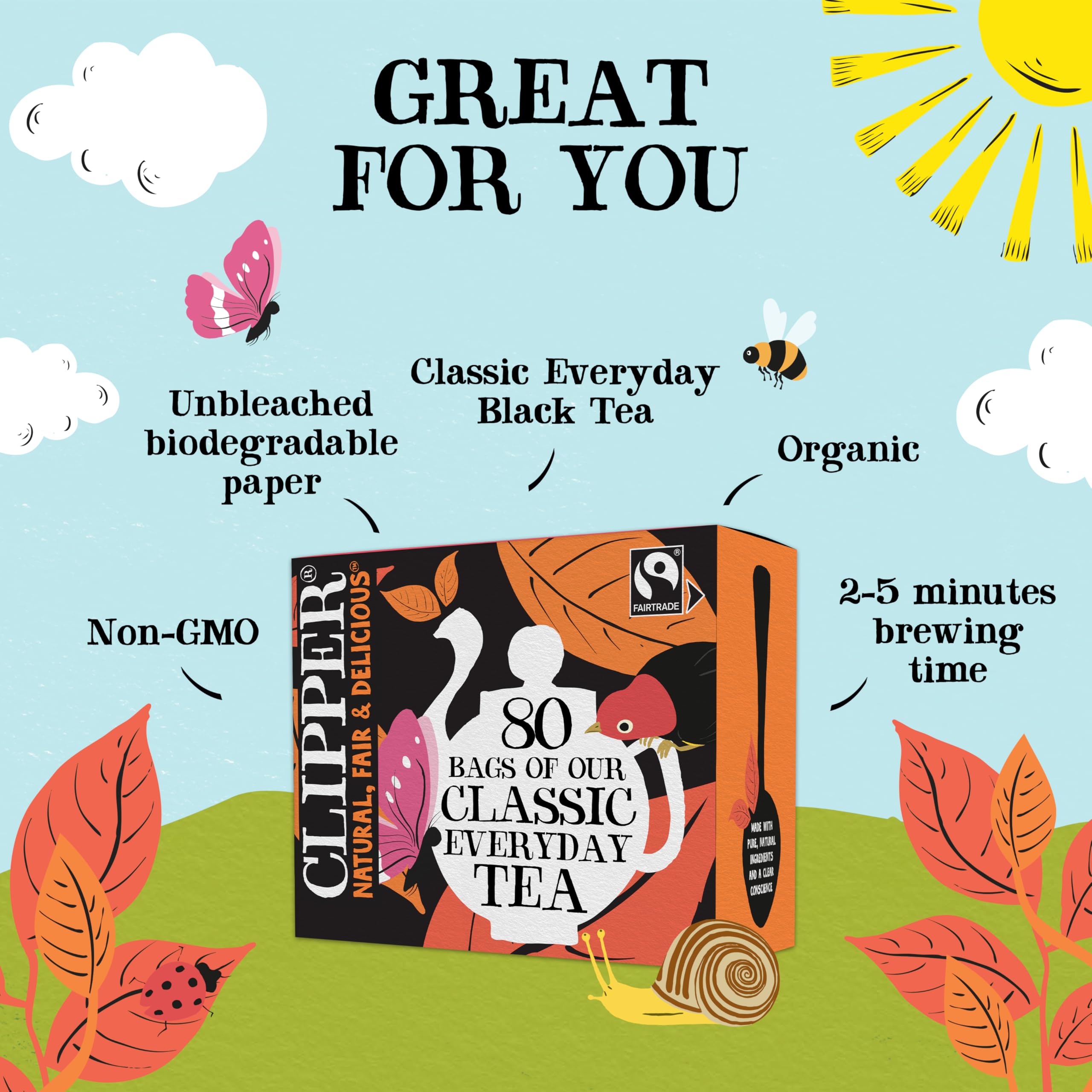 Clipper Natural, Fair & Delicious Everyday Fairtrade Black Tea Bags - 320 Count (4 x 80 Pack) | Compostable