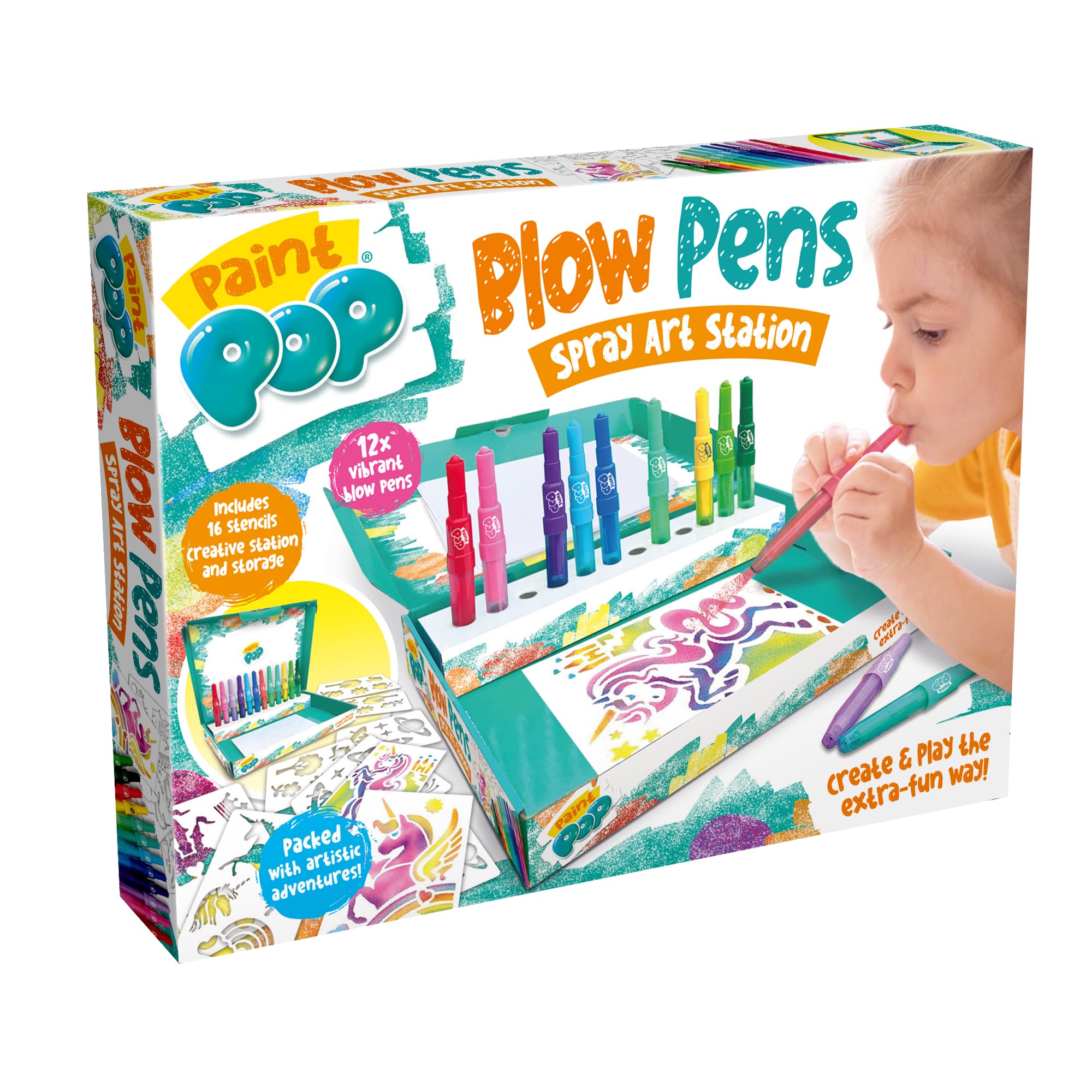 Paint Pop Blow Pens Spray Art Station - 12 Pens, Multi Coloured | Quick-Drying Paint | Includes Stencils & Paper