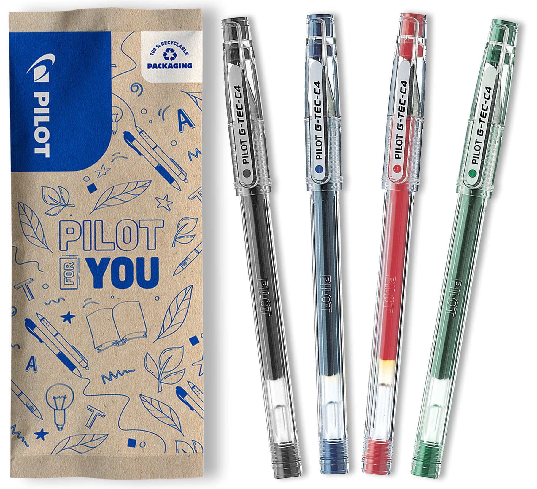PILOT G-Tec C4 Gel Rollerball Pen Set - 0.4mm Extra Fine Line | Black, Blue, Red, Green | Pack of 4
