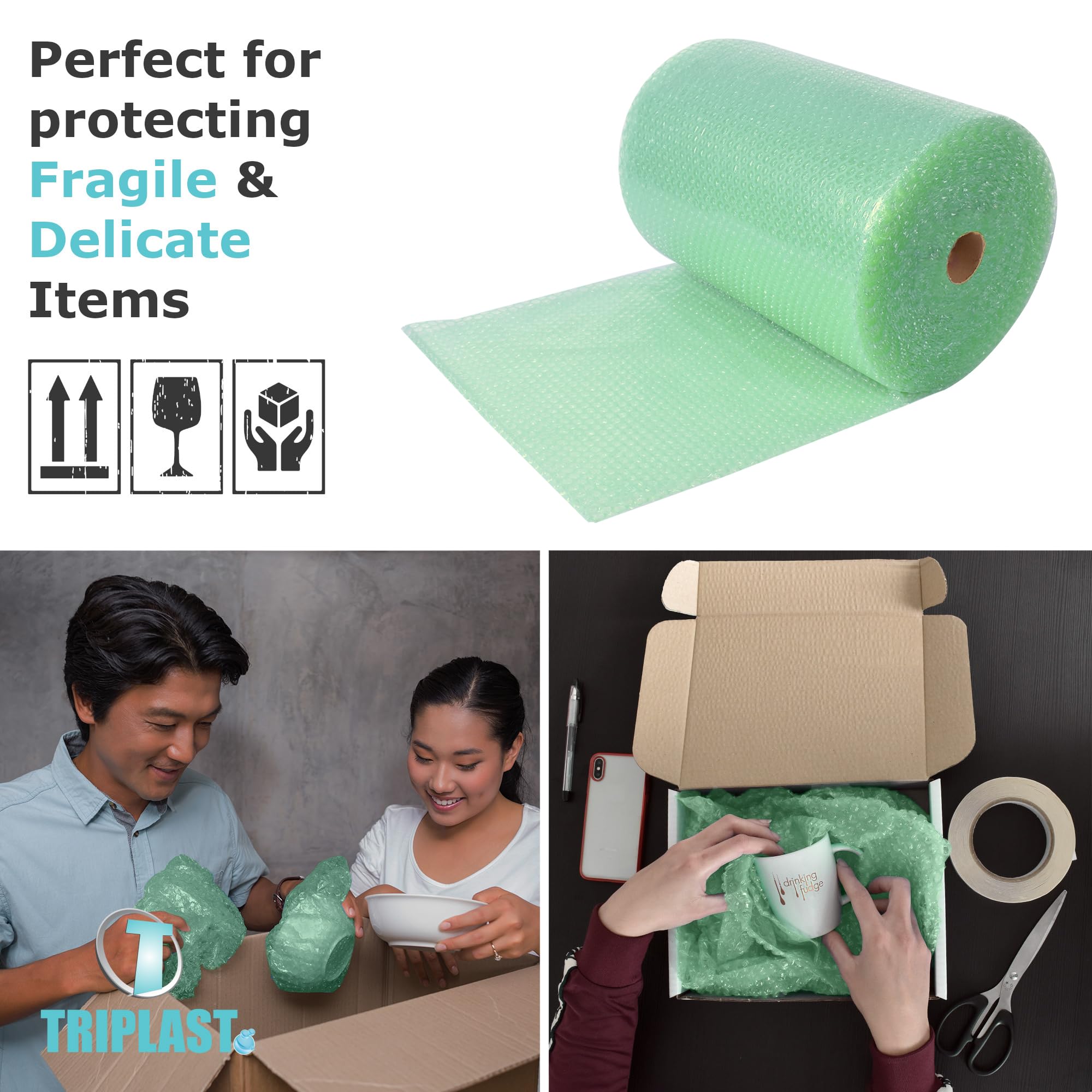 Triplast Biodegradable Green Bubble Wrap Roll - 400mm x 25m | Small 10mm Bubbles | Recycled Content 3