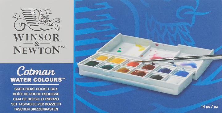 Winsor & Newton Cotman Watercolour Paint Set - Sketchers Pocket Box with 12 Half Pans and Travel Brush
