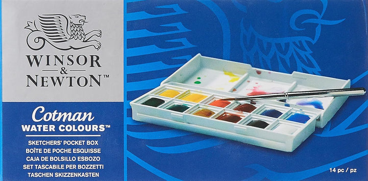 Winsor & Newton Cotman Watercolour Paint Set - Sketchers Pocket Box with 12 Half Pans and Travel Brush