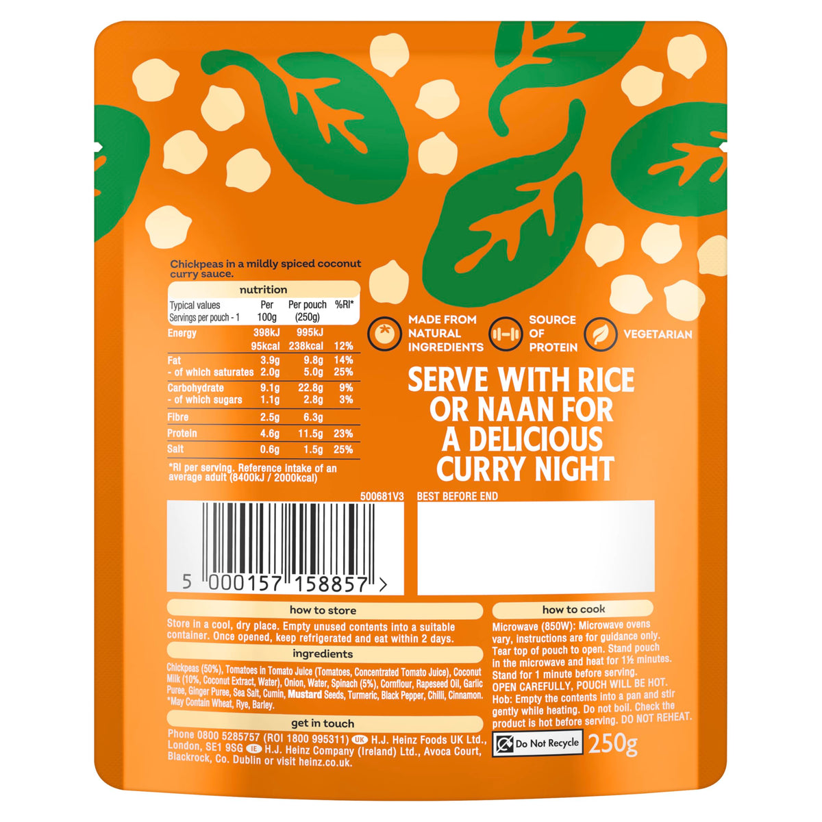 HEINZ Curry Chickpeas with Coconut and Spinach - Ready Meal, Pack of 6