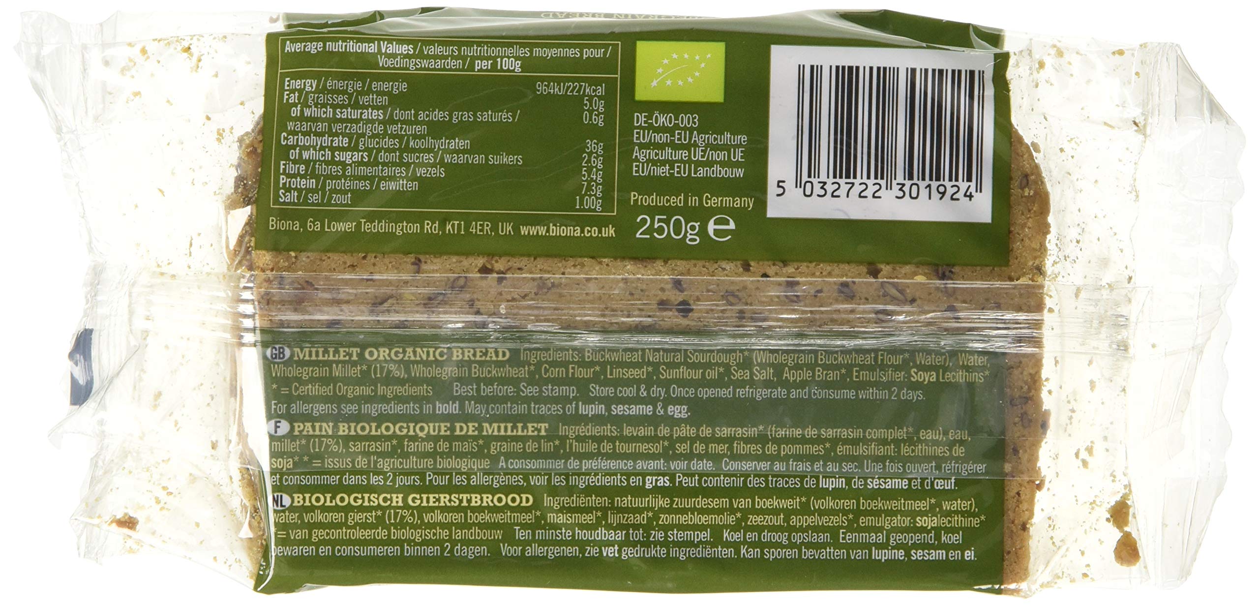 Biona Organic Millet Wholegrain Bread 250g - Gluten Free, Dairy Free, Yeast Free 2