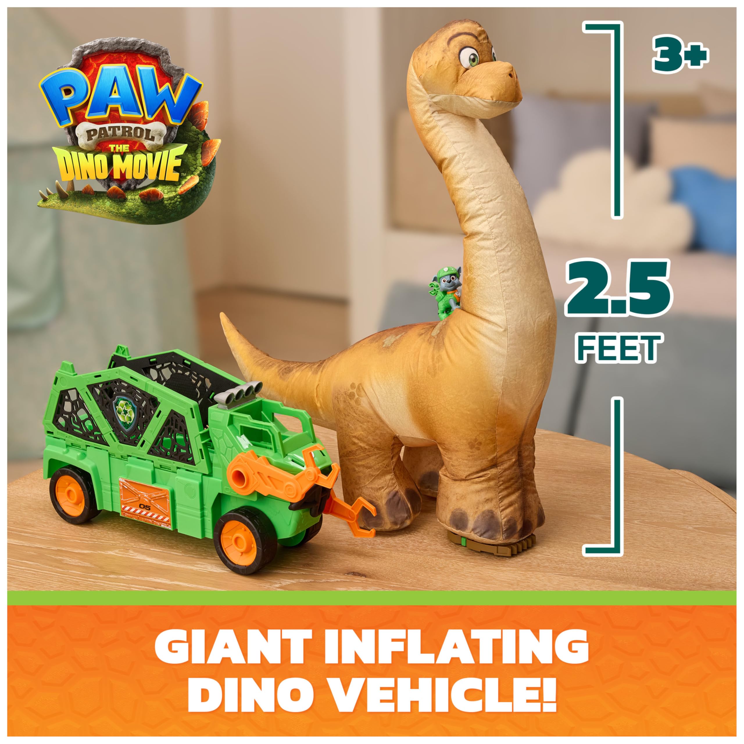Paw Patrol Megasaurus Dino Vehicle Playset with Inflatable Dinosaur and Rocky Figure | Ages 3+