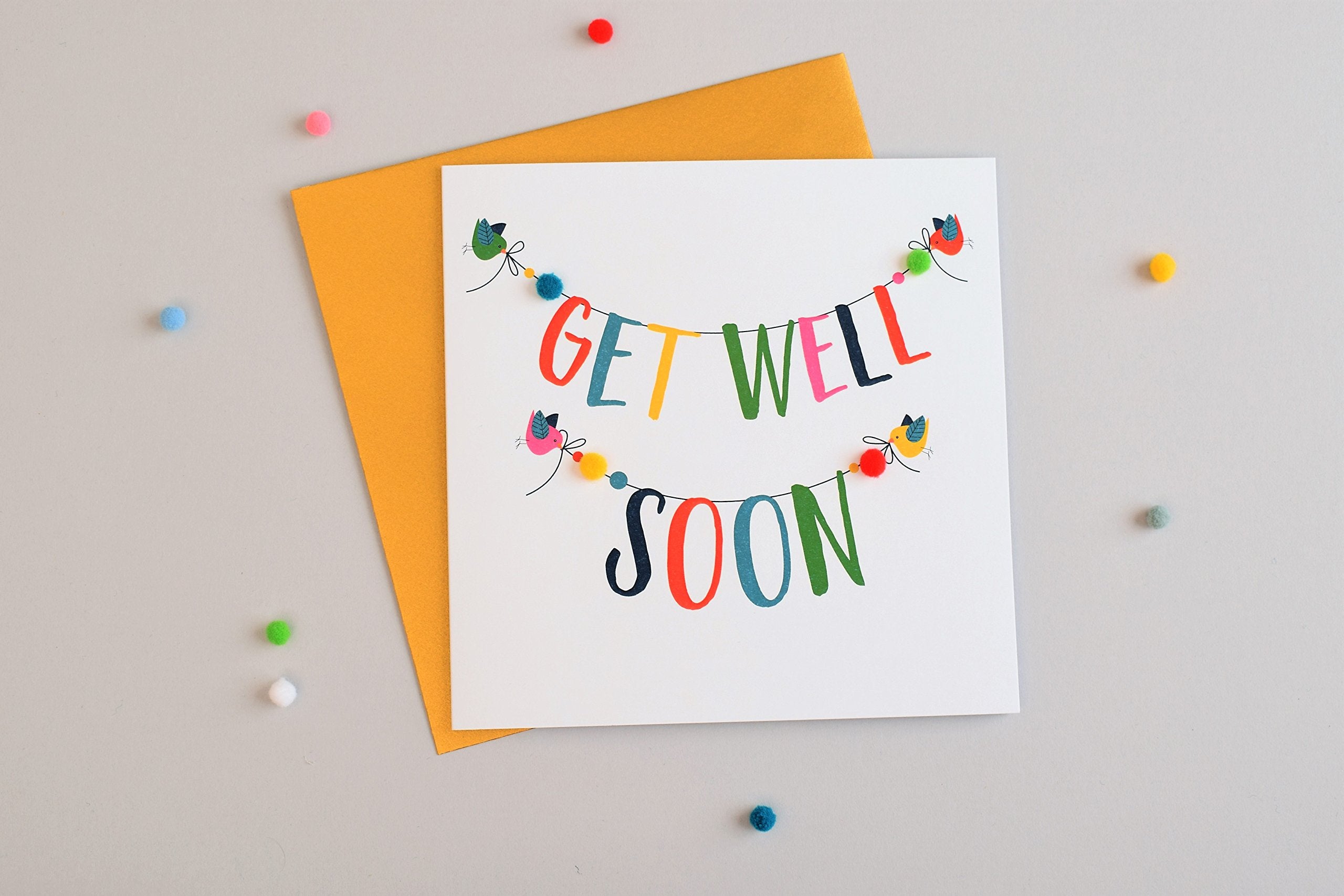 Claire Giles Greeting Cards Get Well Soon Card with Colourful Pompoms | 150x150mm | Blank Inside 3