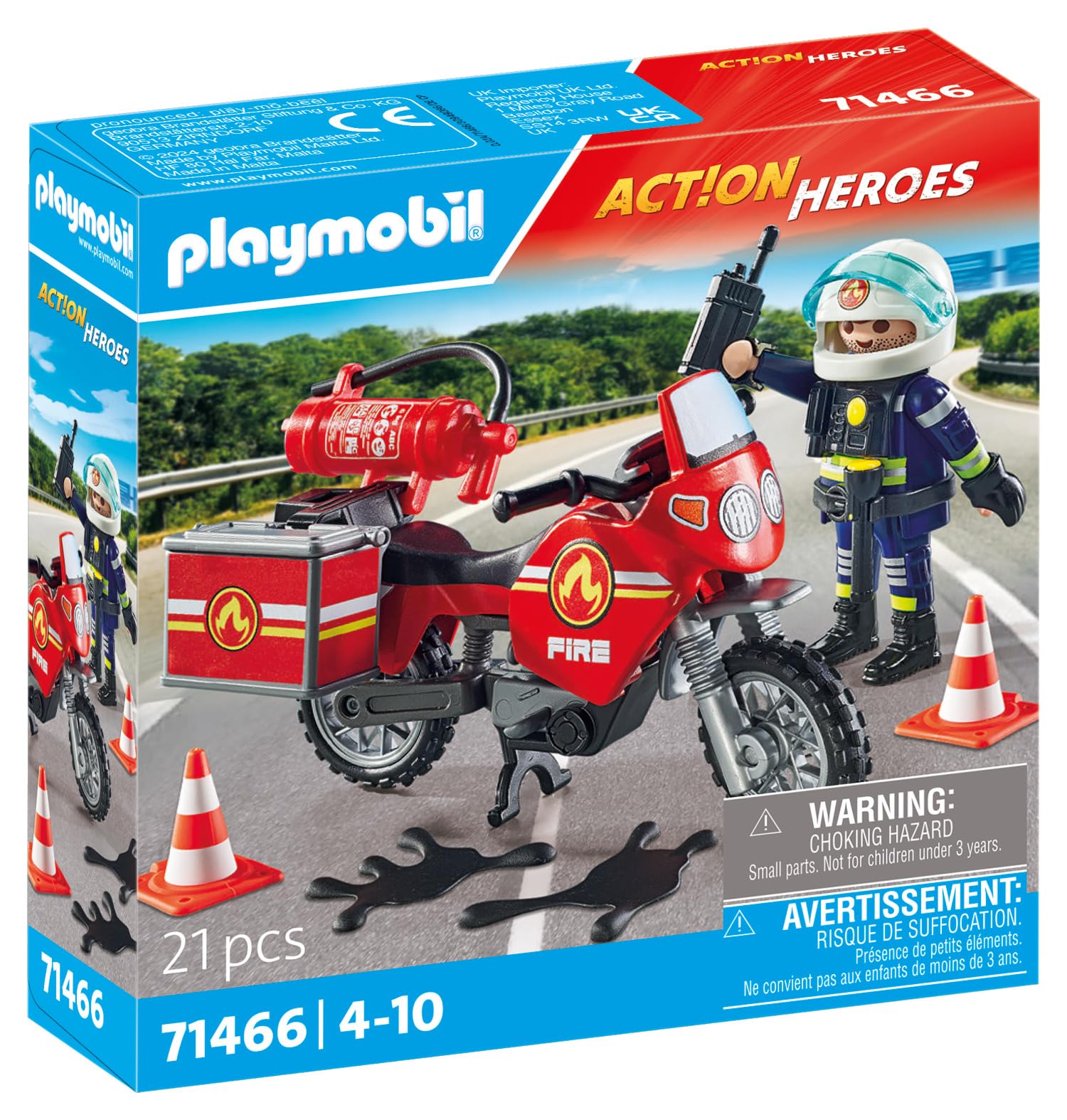 Playmobil 71466 Action Heroes: Motorcycle & Oil Spill Incident Playset | Ages 4+ | 21 Pieces