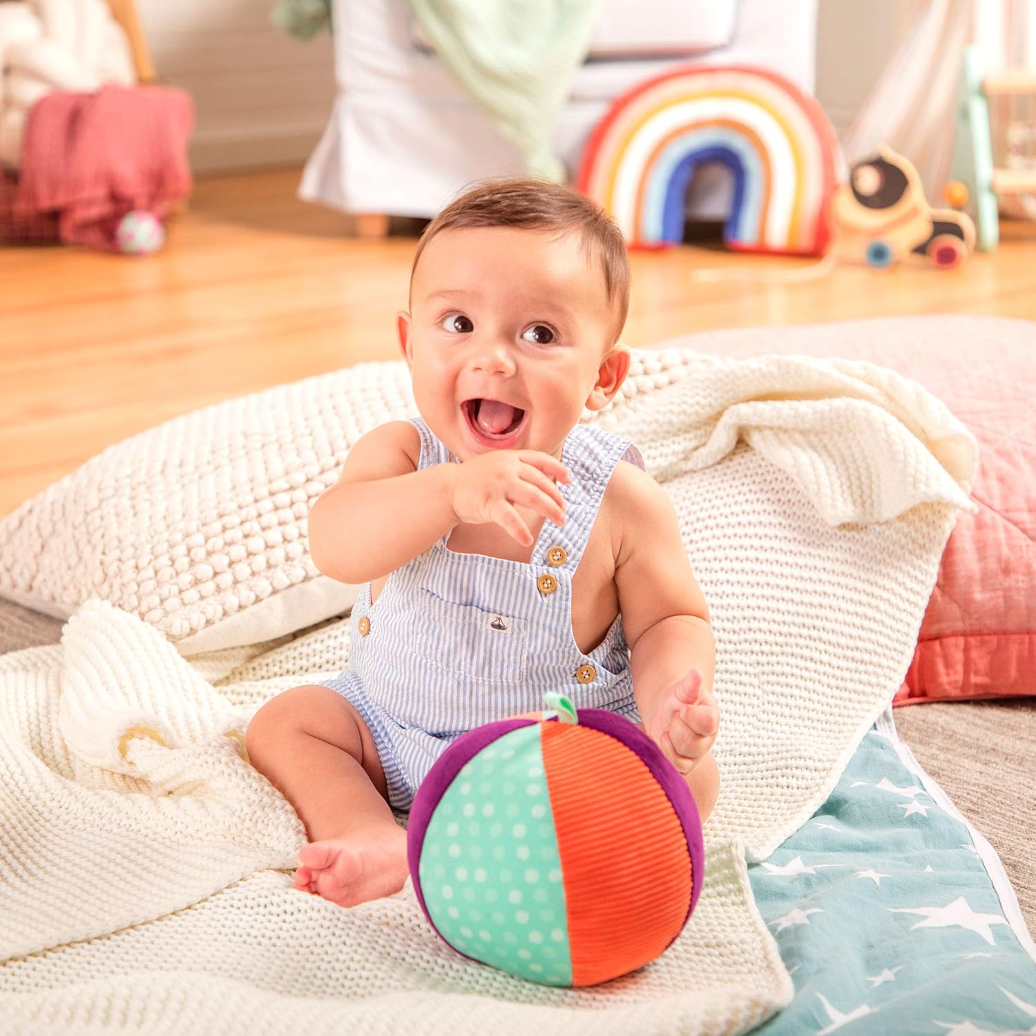 B. toys Make it Chime Fabric Ball - Sensory Toy for Babies with Textures, Colors & Bell 2