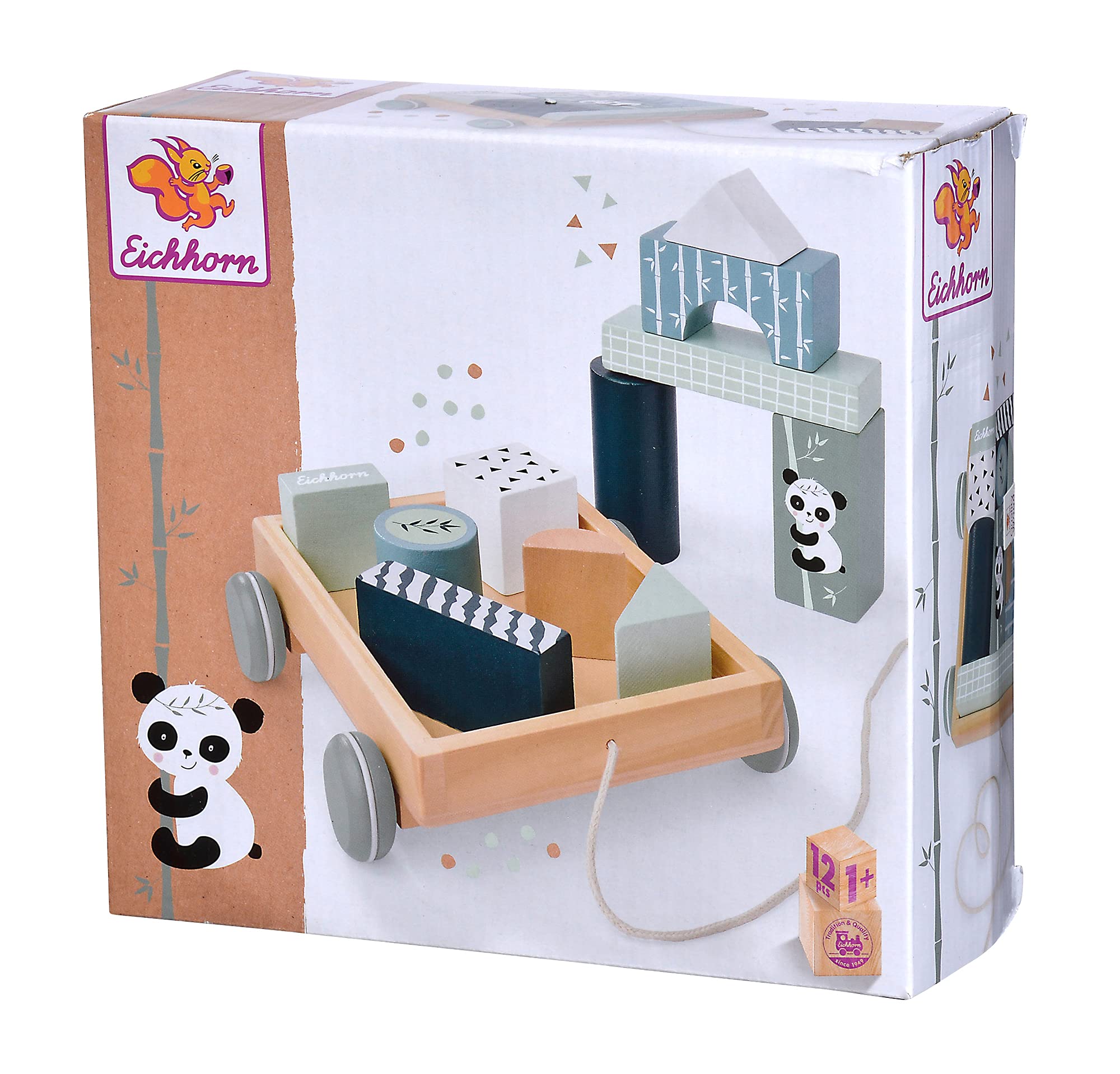 Eichhorn Construction Cart - Panda Motif Pull-Along Toy | 12 Pieces | Wood 1