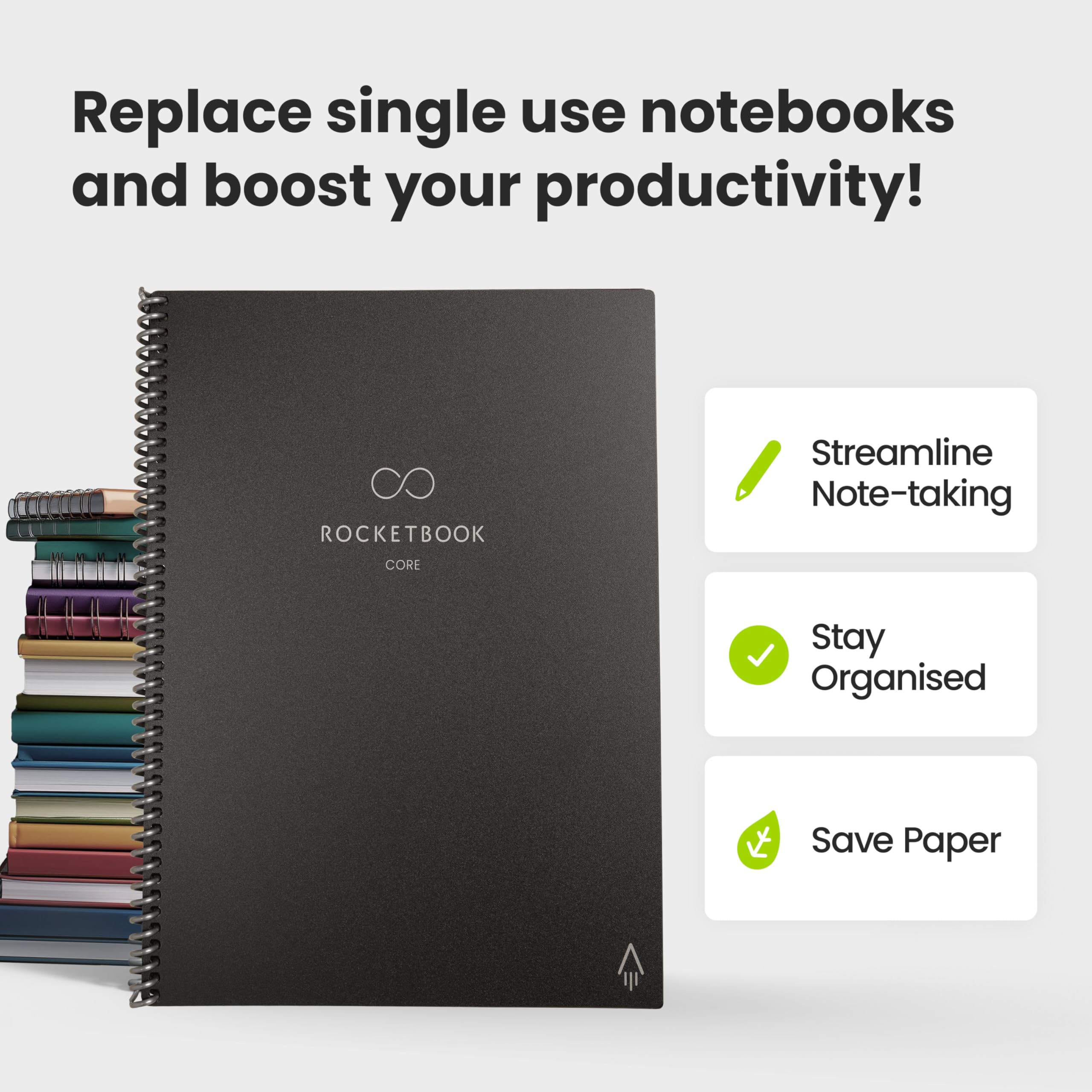 Rocketbook Core Reusable Spiral Notebook - Letter Size 21 x 29.7 cm, Black | College Ruled 8
