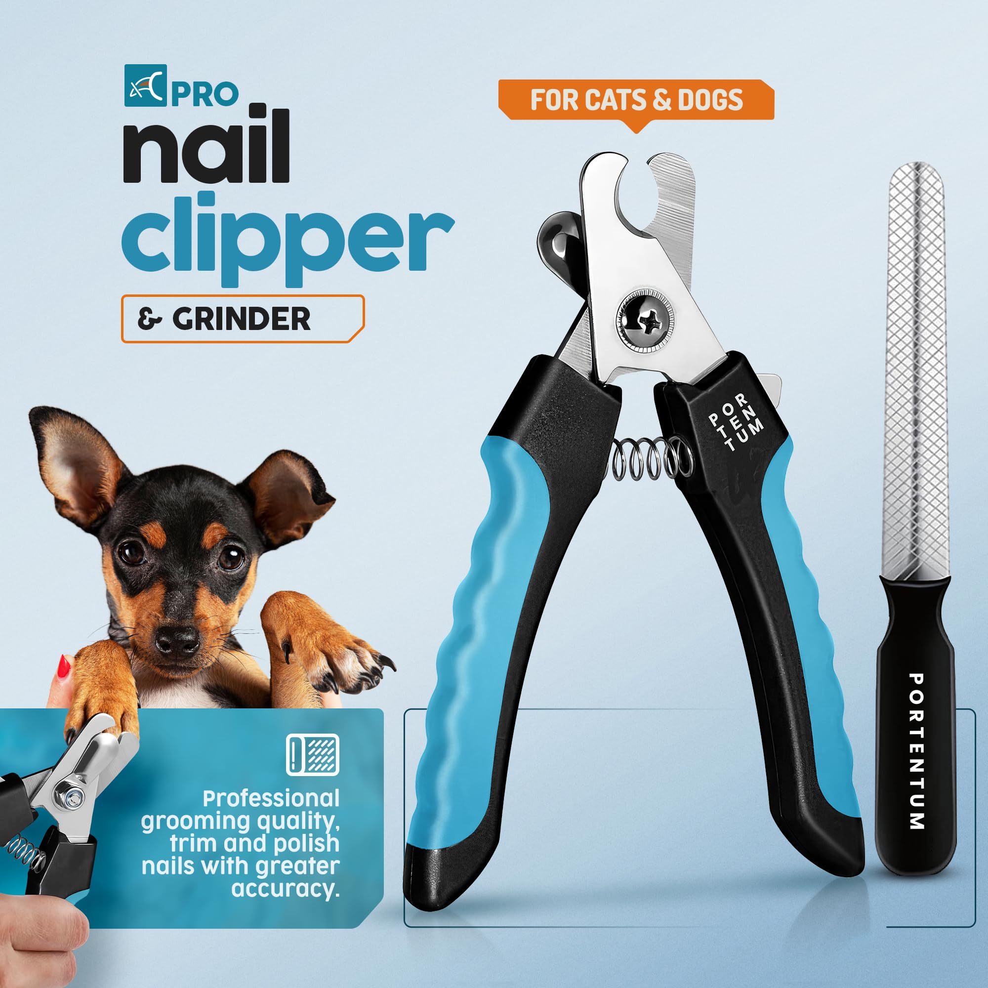 PORTENTUM Dog Nail Clippers - Professional Stainless Steel Grooming Tool for Medium & Large Breeds | Includes Nail File | Blue
