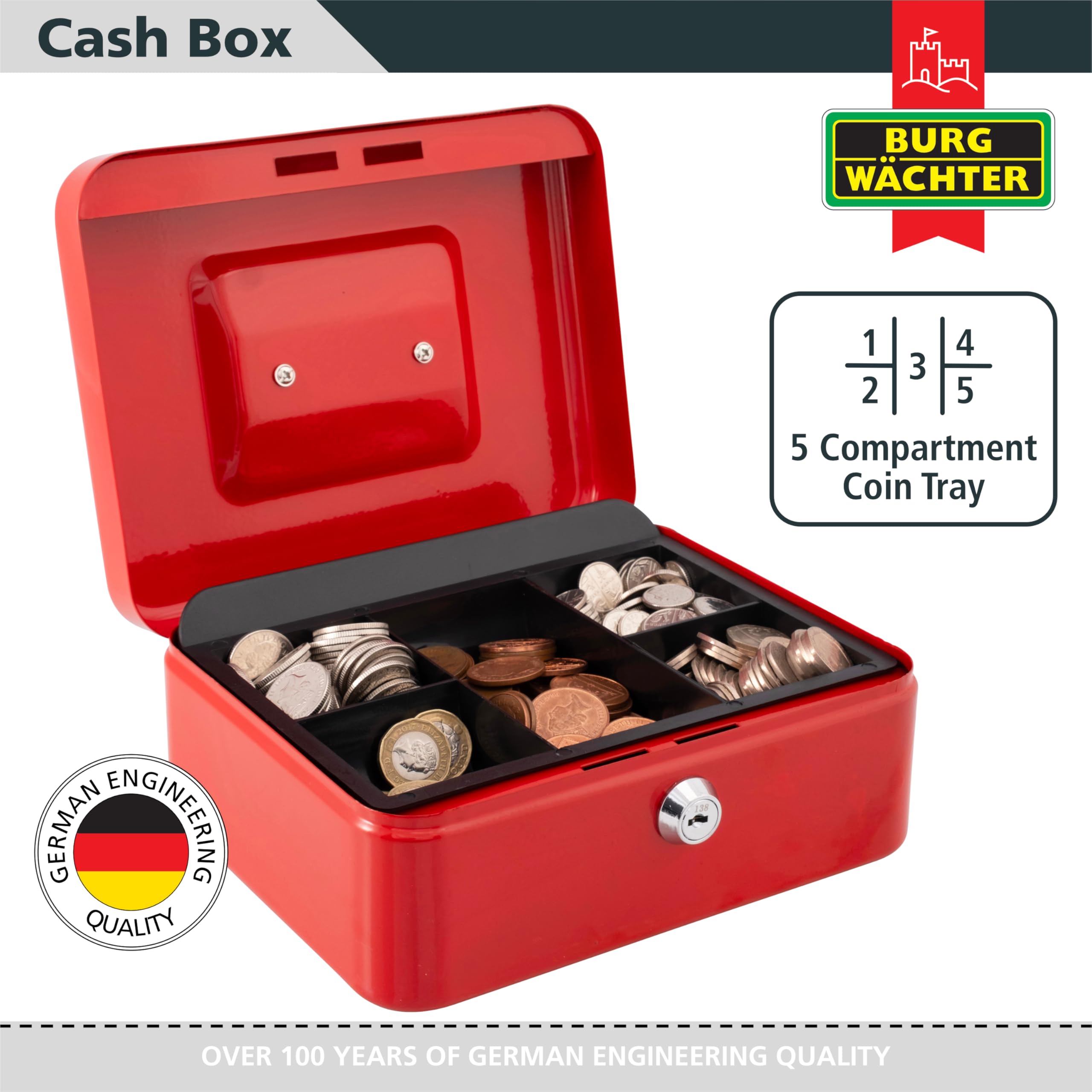 Burg-Wächter CB03R Cash Box - 10' Size | Key Lock | Red Metal Construction
