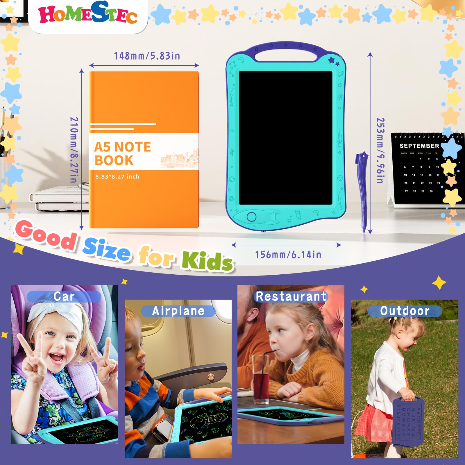 HOMESTEC AstroDraw Space Drawing Pad for Kids - LCD Writing Tablet with Handle, Educational Toddler Toy for Ages 18 Months and Up (Aqua/Purple) 7