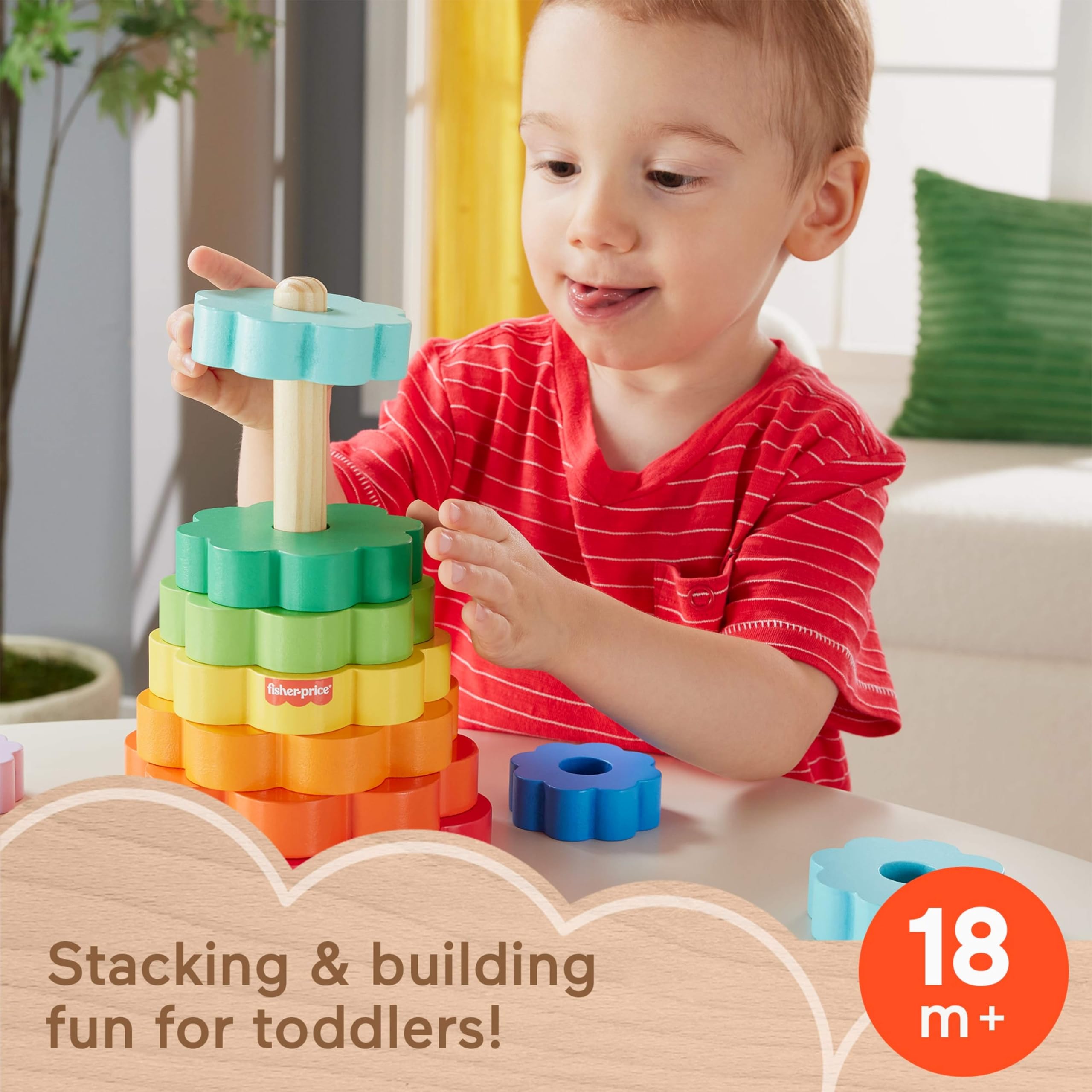 Fisher-Price Wooden Ring Stacker Toy - 10 Wood Pieces for Stacking Play | Ages 18M+ | HXT77