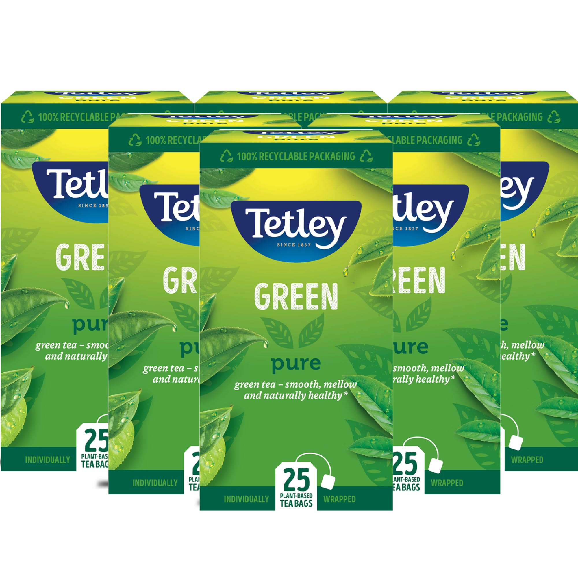 Tetley Pure Green Tea Bags - Naturally Smooth & Refreshing - Rainforest Alliance Certified - 150 Teabags (6x25) 1