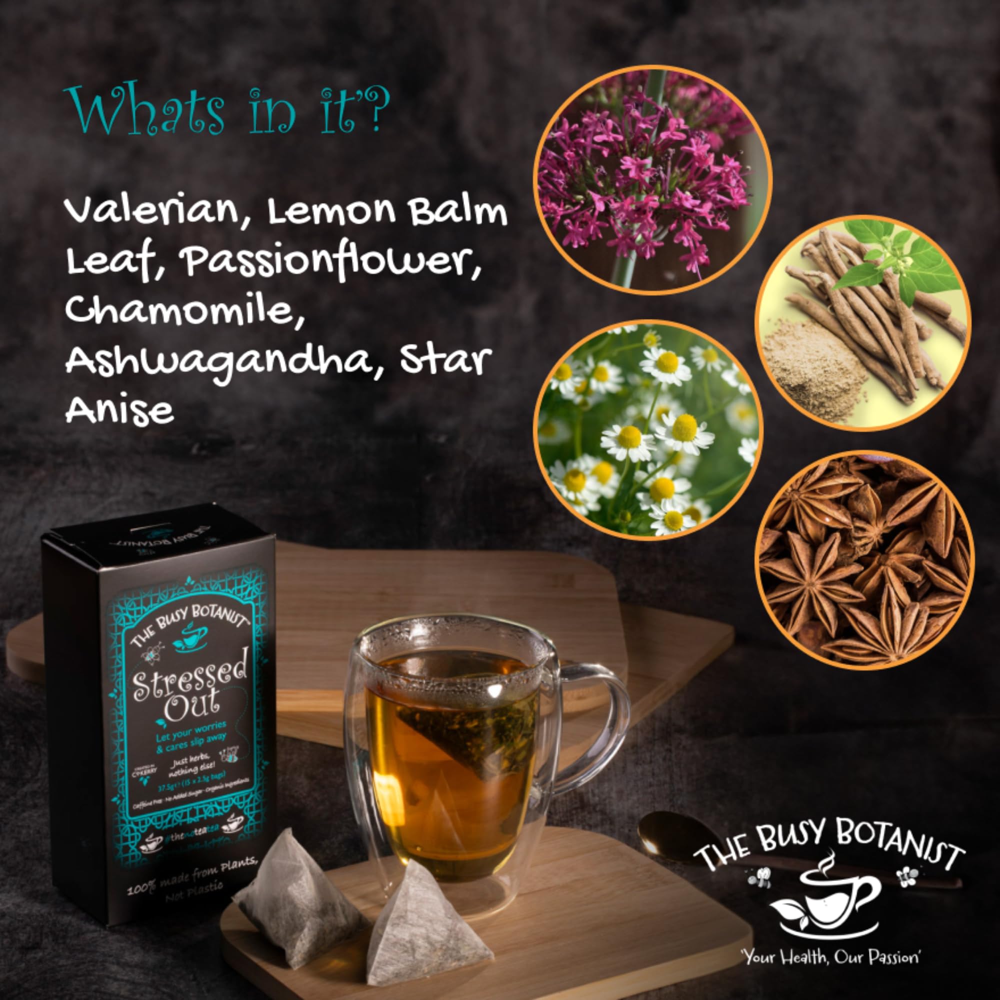 Stressed Out Herbal Tea with Valerian Root, Chamomile & Ashwagandha - 30 Caffeine Free Biodegradable Tea Bags 11