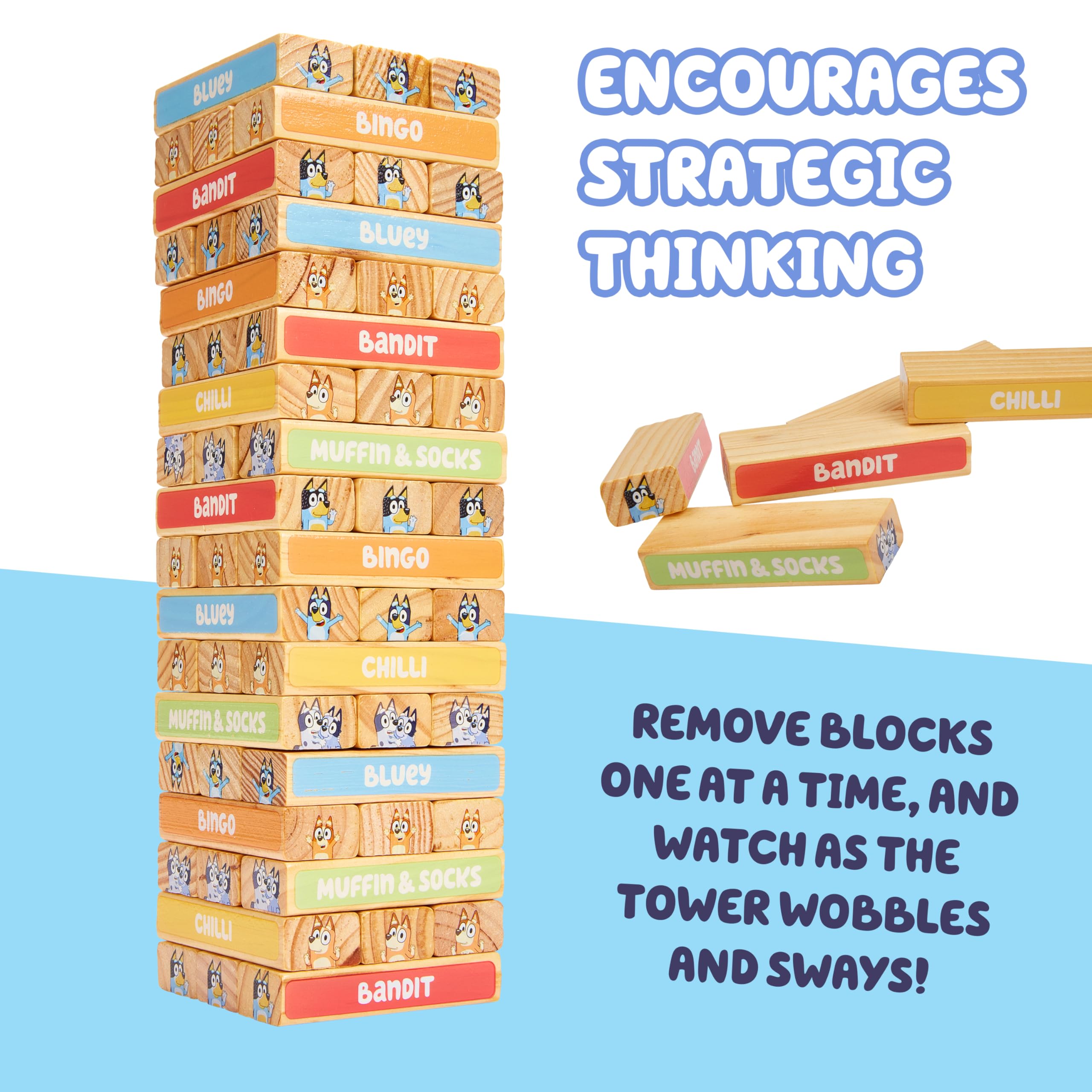 Bluey Tumbling Tower Game - 54 FSC-Certified Wooden Blocks for Stacking Fun 3