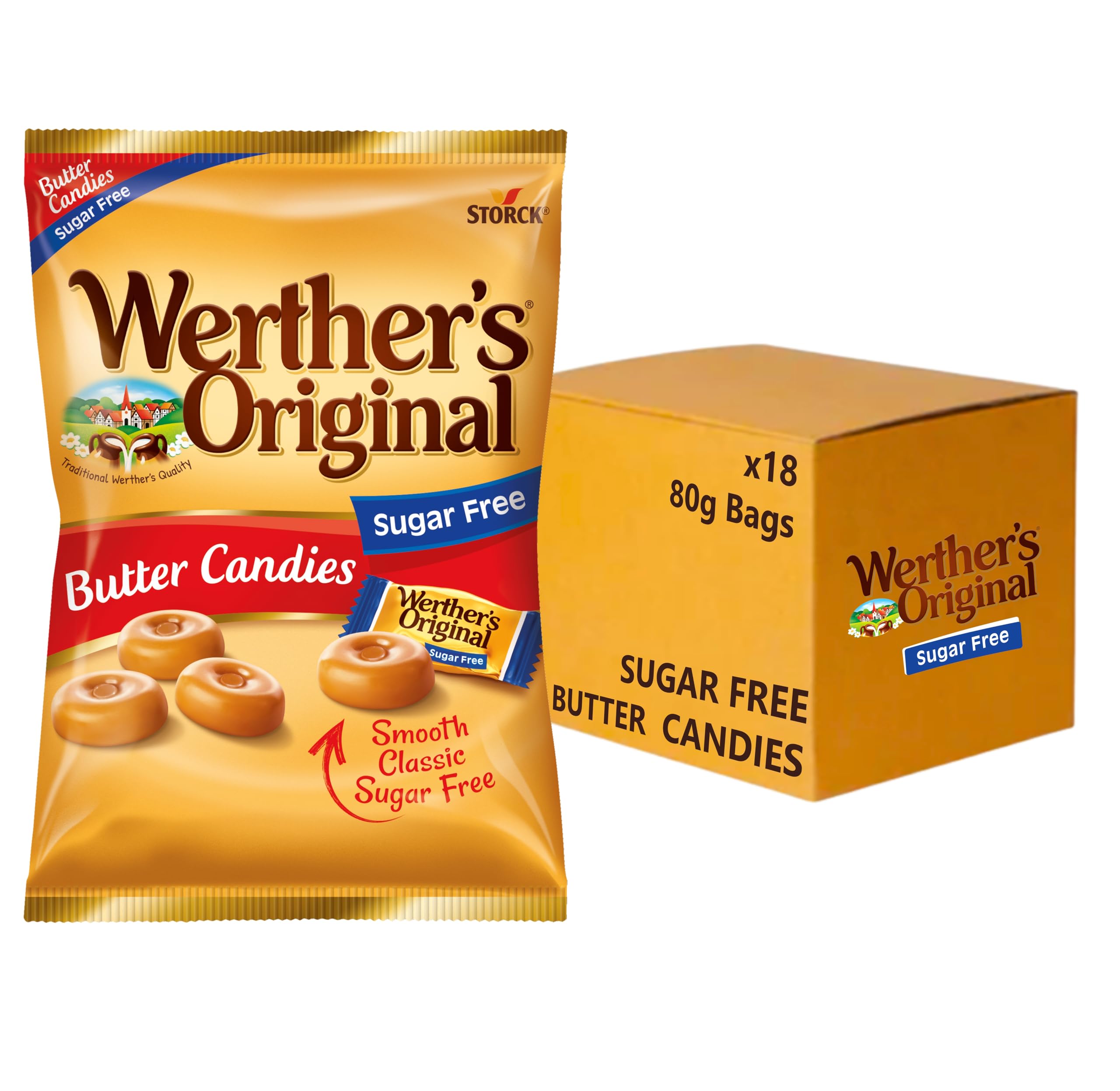 Werther's Original Sugar Free Butter Candies - Rich Buttery Flavour | 80 g (Pack of 18)