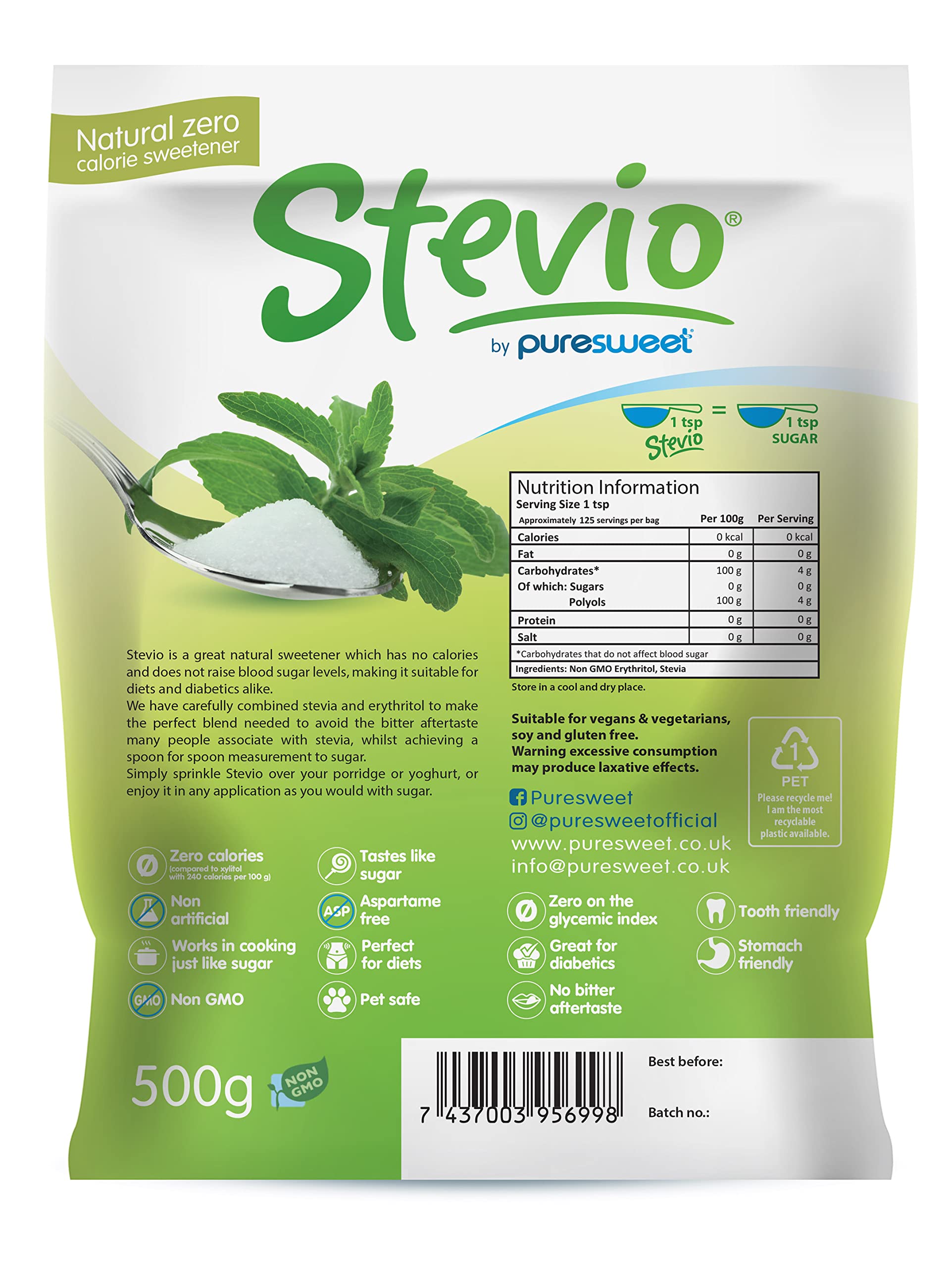 Puresweet Stevio® Premium Stevia Sweetener - 500g | Zero Calorie | Keto & Diabetic Friendly