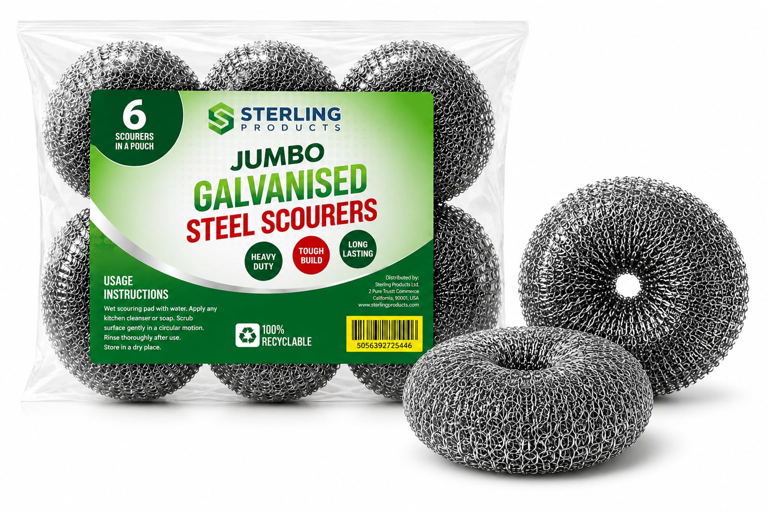 STERLING PRODUCTS Galvanised Steel Scourers - Heavy Duty Cleaning | 6 Pack | Steel 1