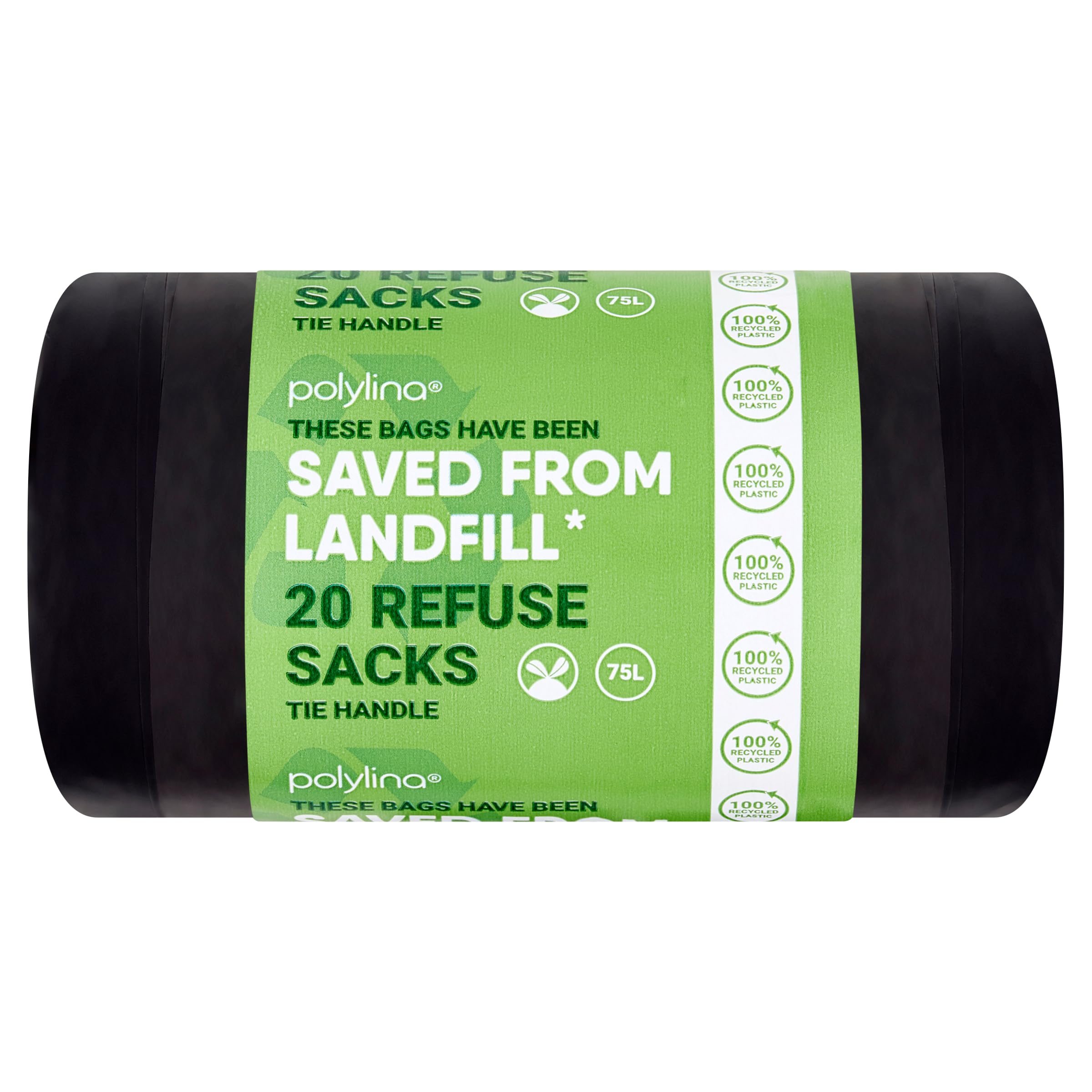 Polylina 75 Litre Tie Handle Black Bin Liners - 20 Pack Recycled Plastic Refuse Sacks 1