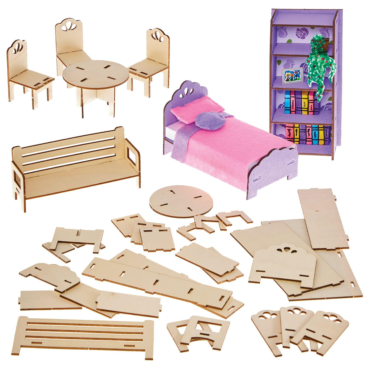 Baker Ross Build Your Own Dolls House Furniture - 7 Wooden Pieces, 4–14cm