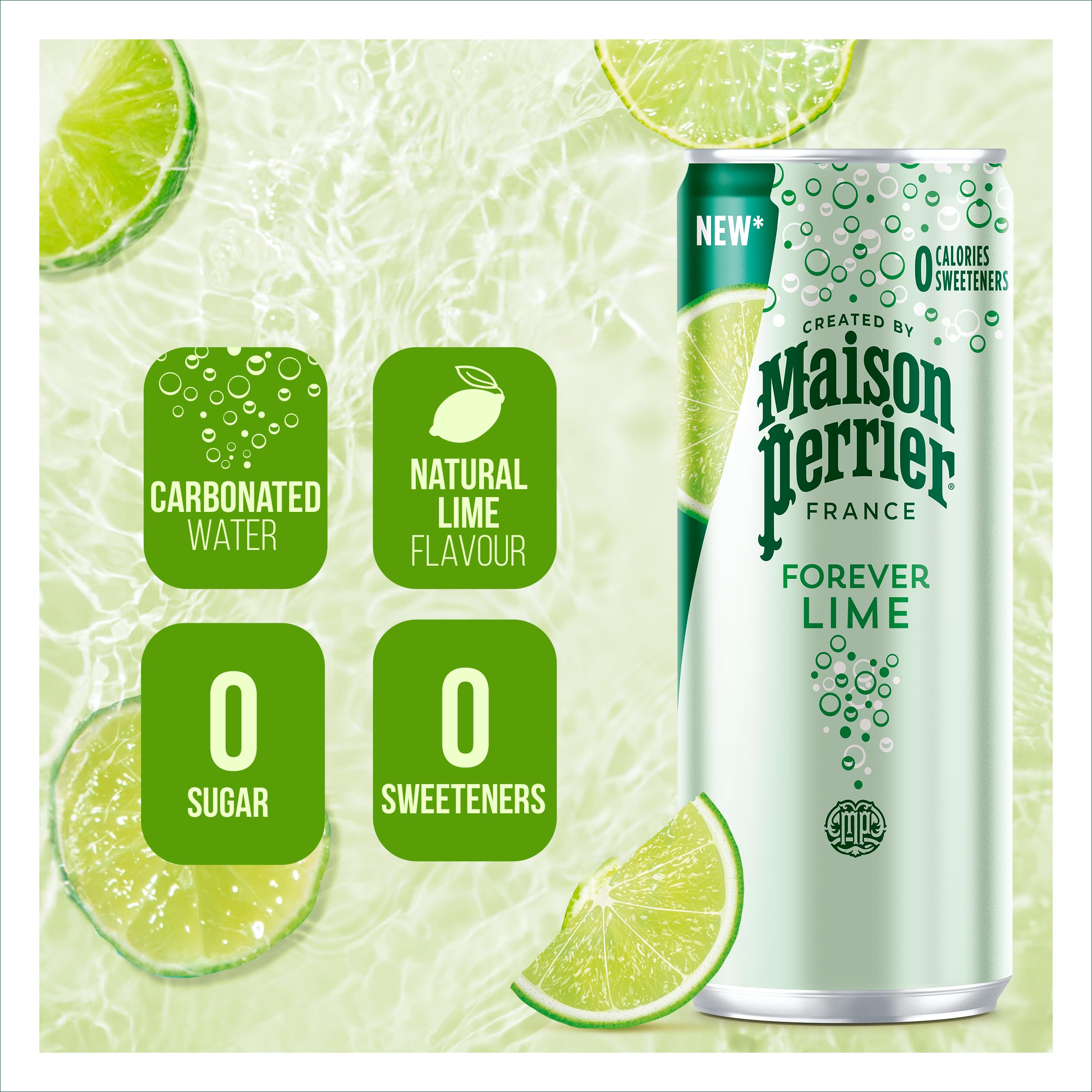 Maison Perrier Forever Lime Sparkling Water - 0 Calories, Natural Flavour | 4 x 330ml Cans