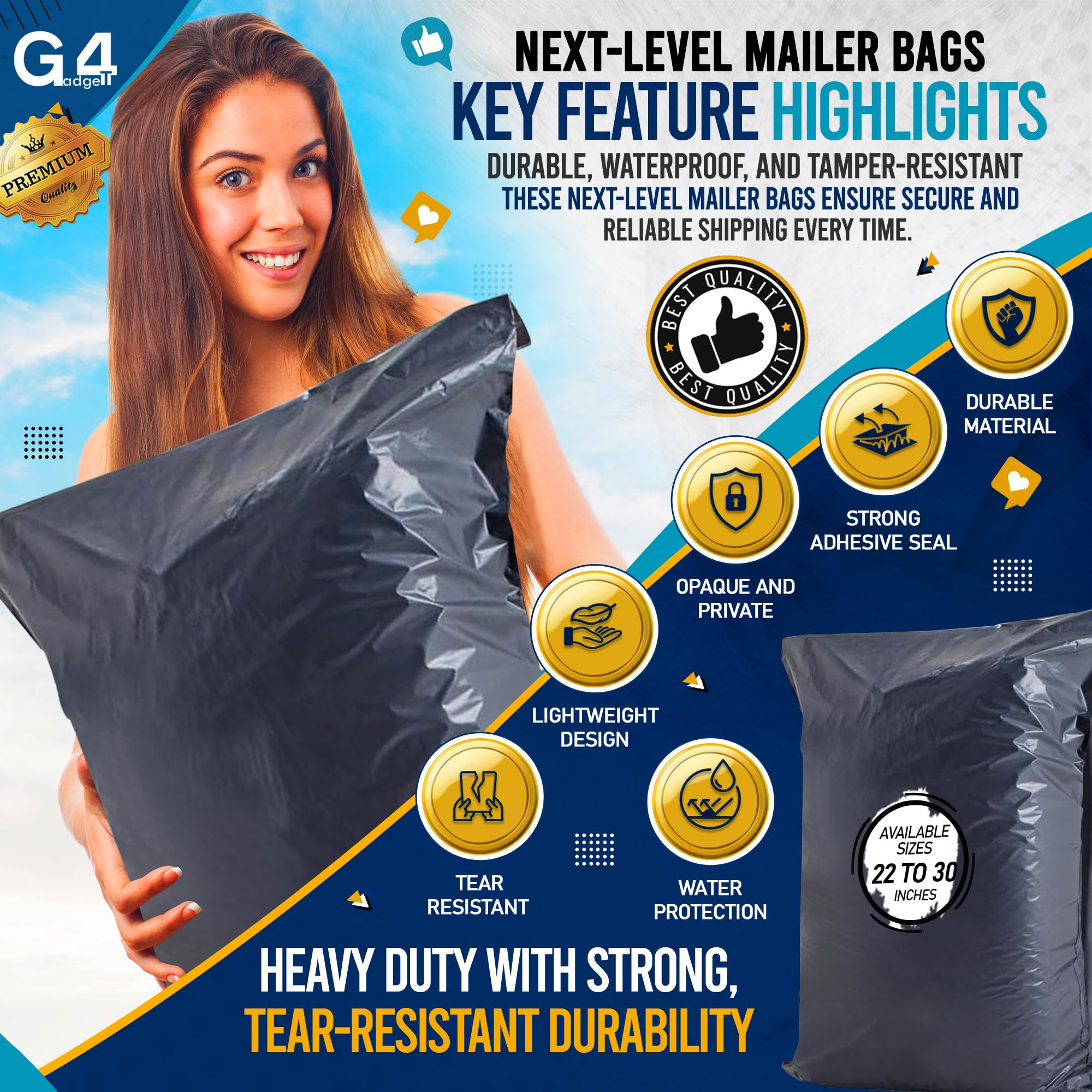 G4GADGET Large Grey Postal Bags - 5 Pack, 22x30 Inch (559mm x 762mm) | Waterproof & Tear-Resistant