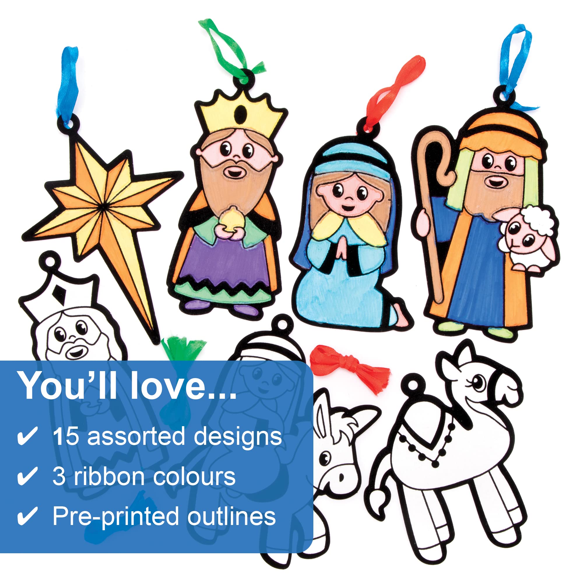 Baker Ross Nativity Colour In Decorations - Pack of 15 Christmas Craft Kit for Kids 8