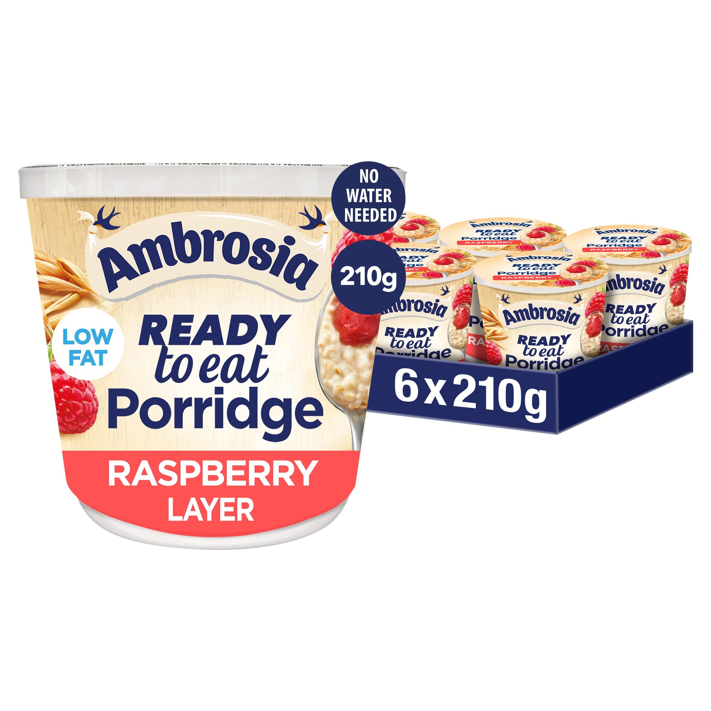 Ambrosia Raspberry Layered Porridge Pots - British Wholegrain Oats, Ready-to-Eat | 210g Pots (Pack of 6)