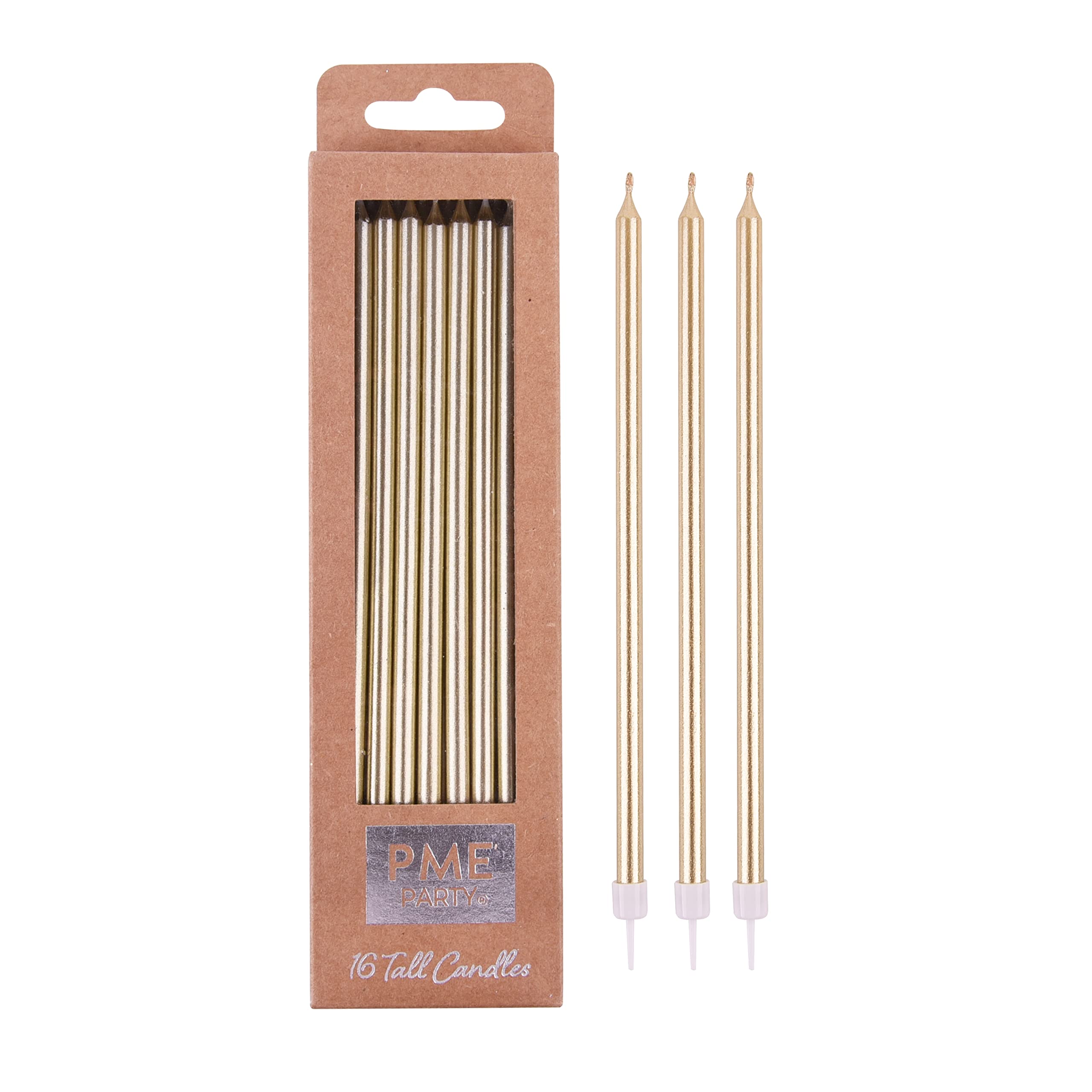 PME Gold Birthday Candles with White Holders - Extra Tall 7in, Pack of 16