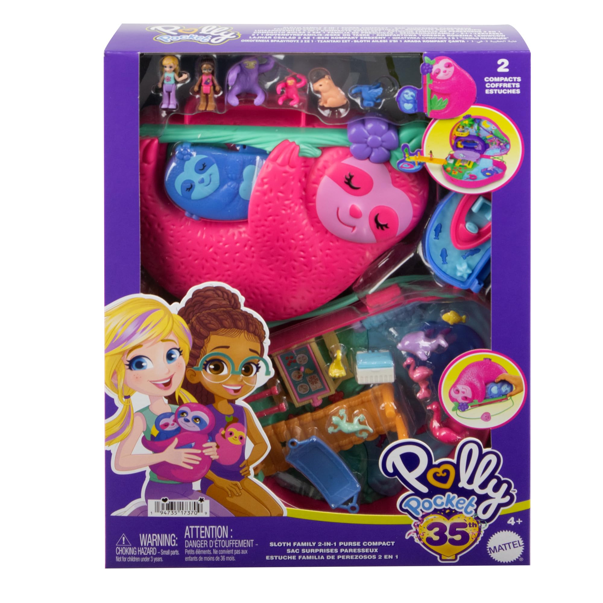 Polly Pocket Sloth Family 2-in-1 Purse Compact Playset with 2 Micro Dolls & 12 Accessories 13