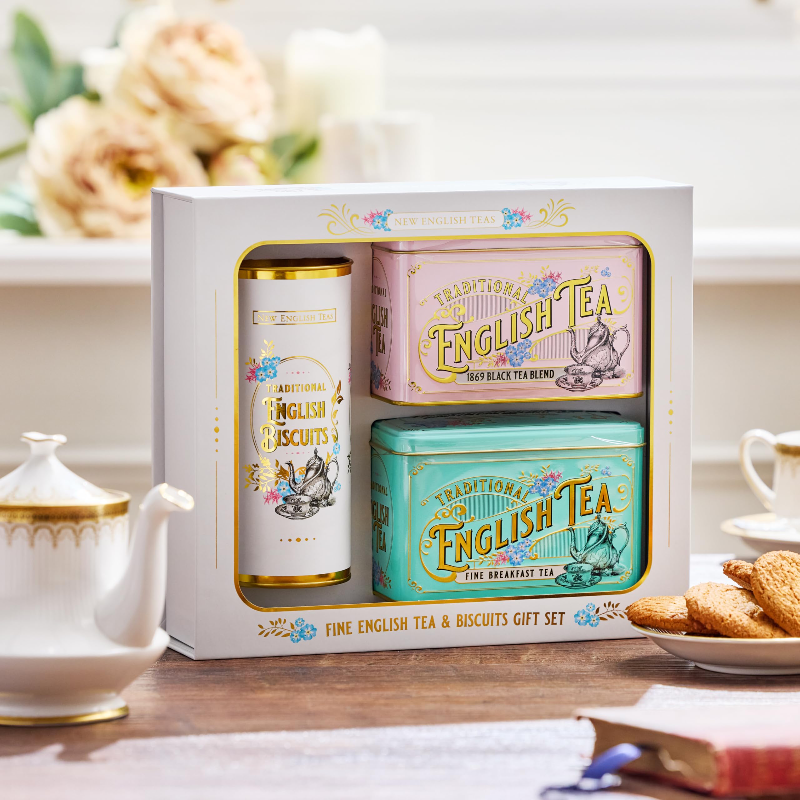 New English Teas Tea & Biscuits Gift Set - 80 Teabags, 10 Ginger Biscuits