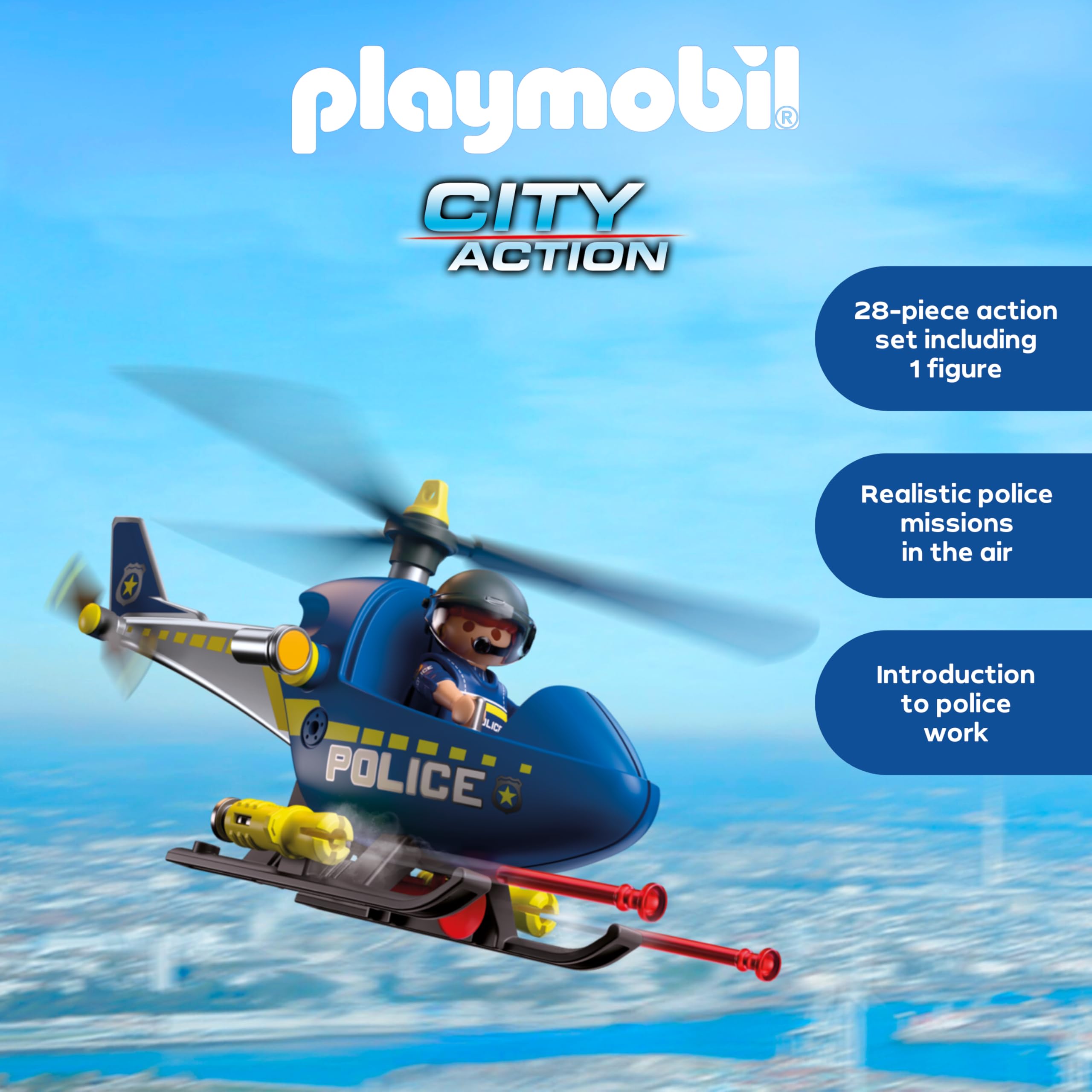 Playmobil City Action Police Helicopter - Rotating Rotors | Ages 4+ | Blue 3
