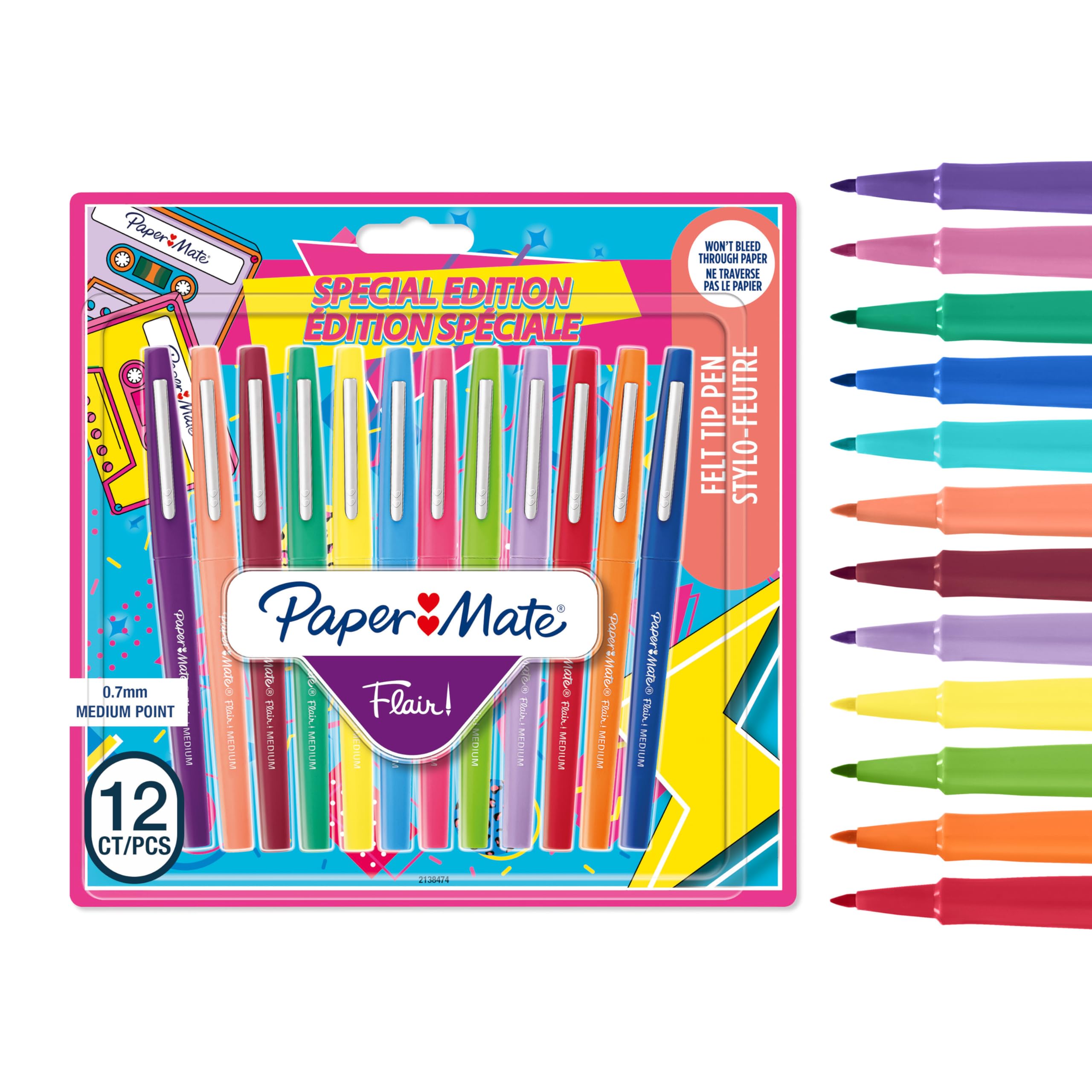 Paper Mate Flair Felt Tip Pens - Medium Point 0.7 mm | 12 Count Assorted Retro Colours | Smudge-Resistant Ink for Journalling & Colouring 1